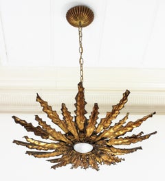 Sunburst Pendant Chandelier or Flush Mount in Gilt Iron, 1950s