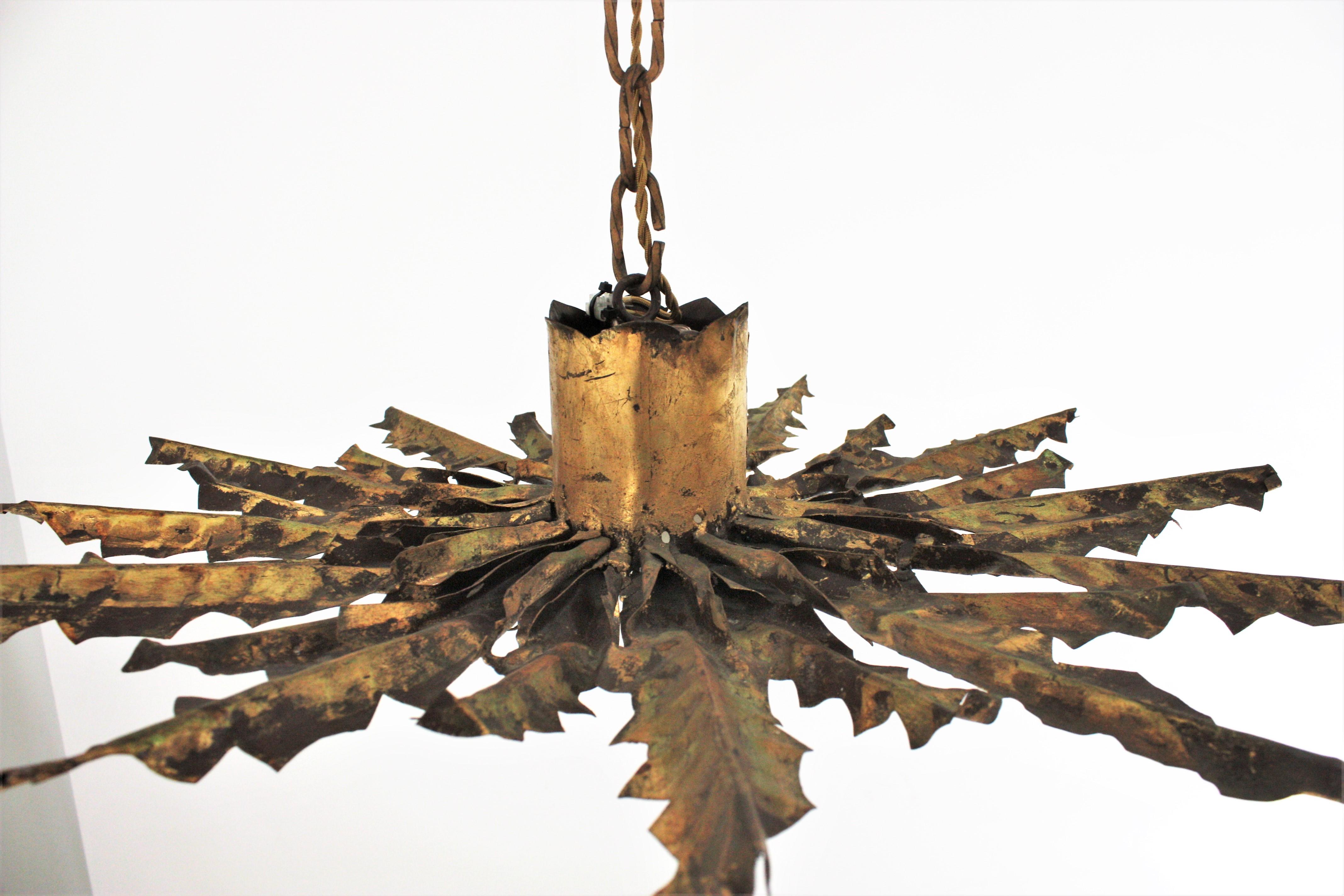 Sunburst Pendant Chandelier or Flush Mount in Gilt Iron 8