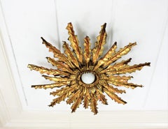 Sunburst Pendant Chandelier or Flush Mount in Gilt Iron