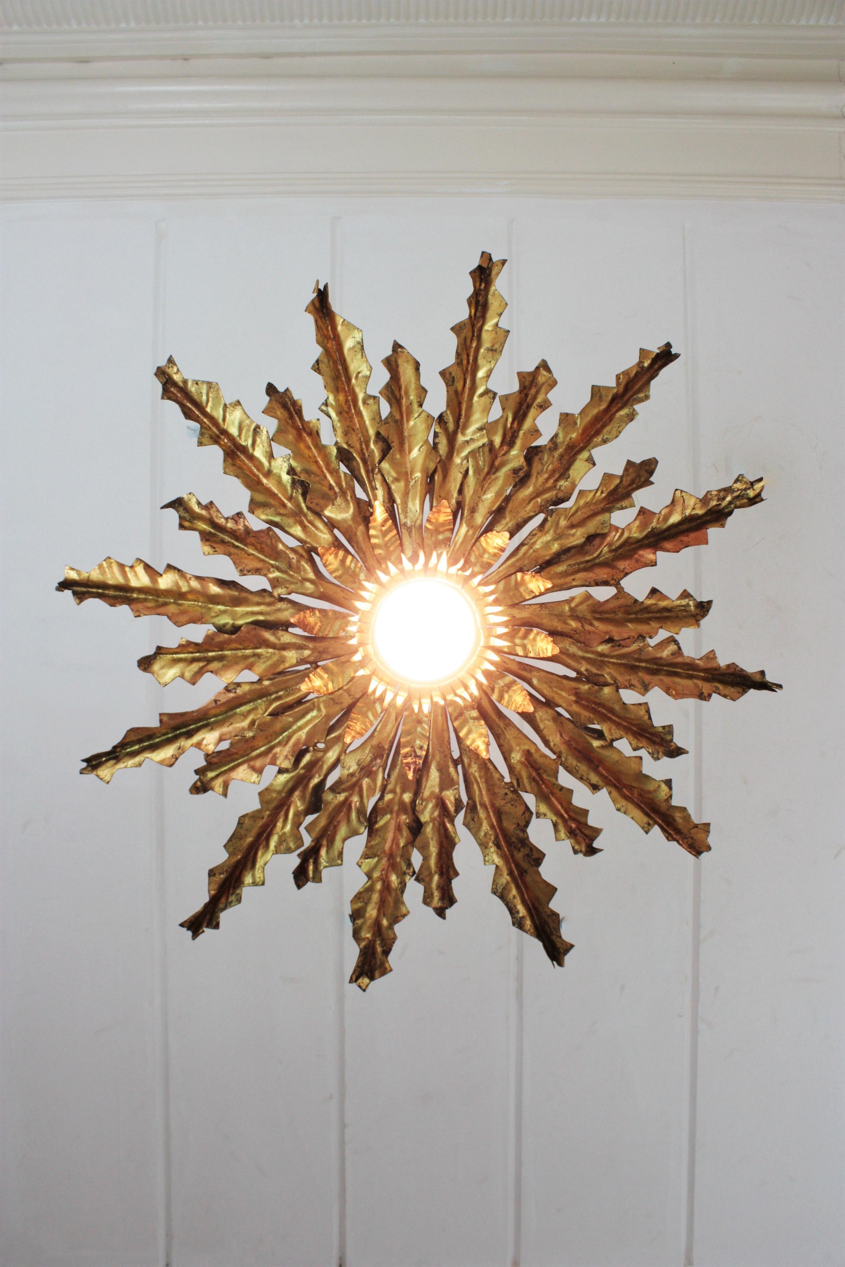 Sunburst Pendant Chandelier or Flush Mount in Gilt Iron 11