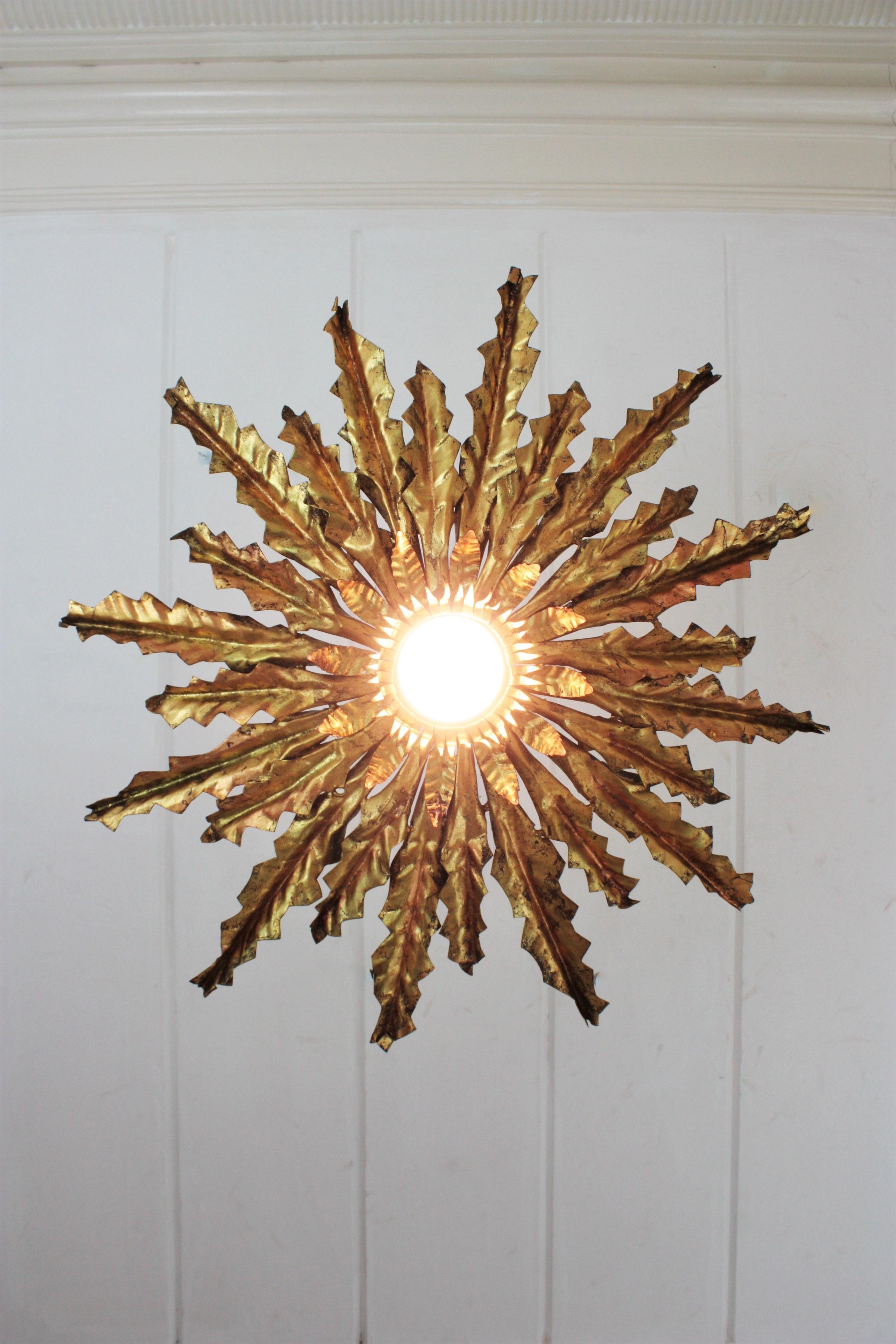 Sunburst Pendant Chandelier or Flush Mount in Gilt Iron 10