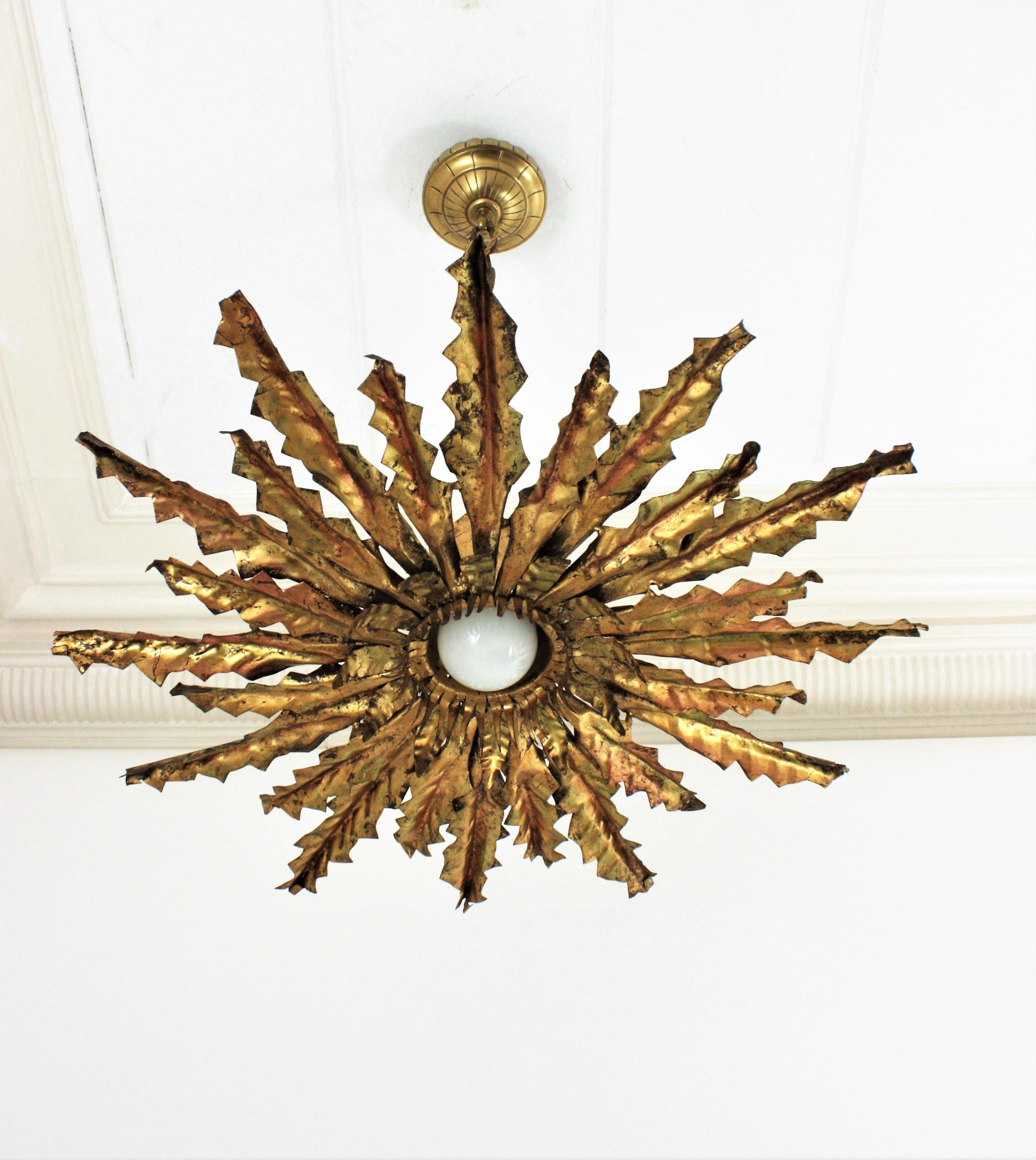 Spanish Sunburst Pendant Chandelier or Flush Mount in Gilt Iron