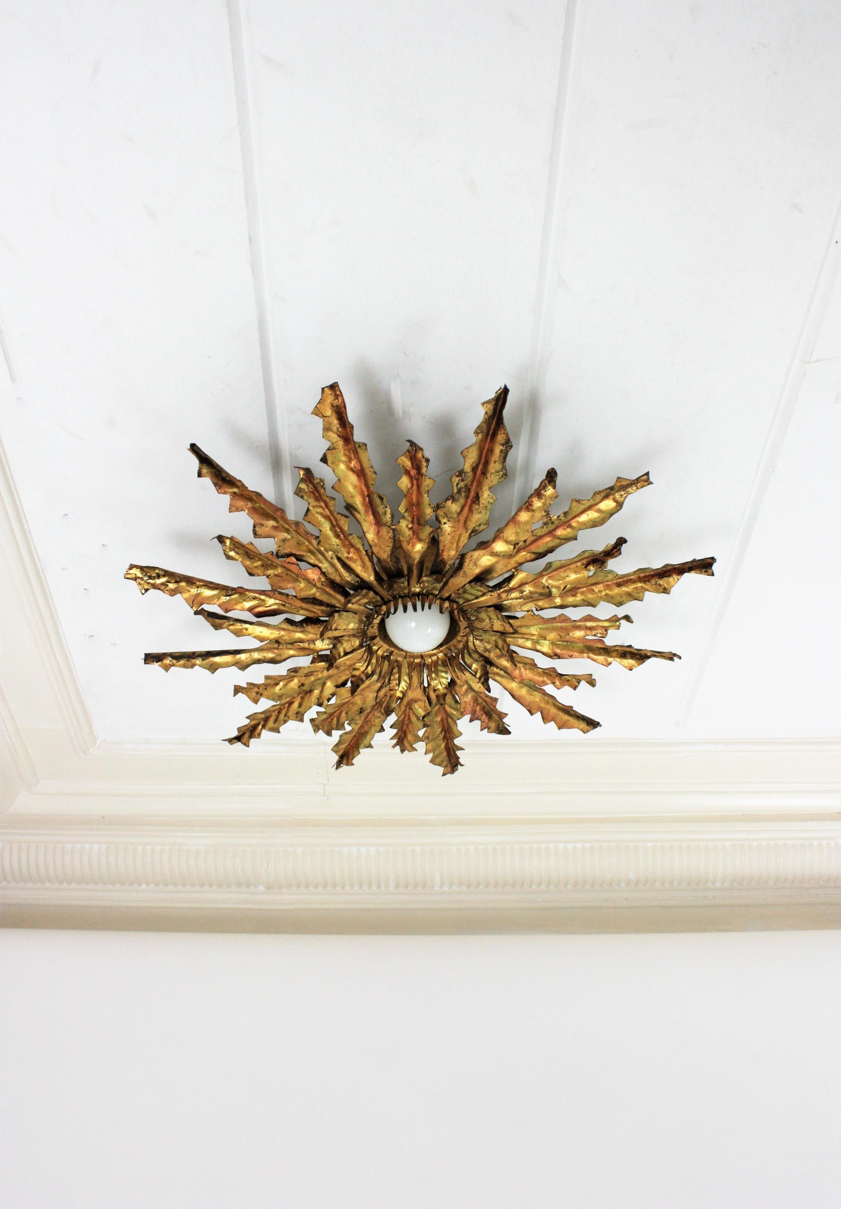 Hand-Crafted Sunburst Pendant Chandelier or Flush Mount in Gilt Iron