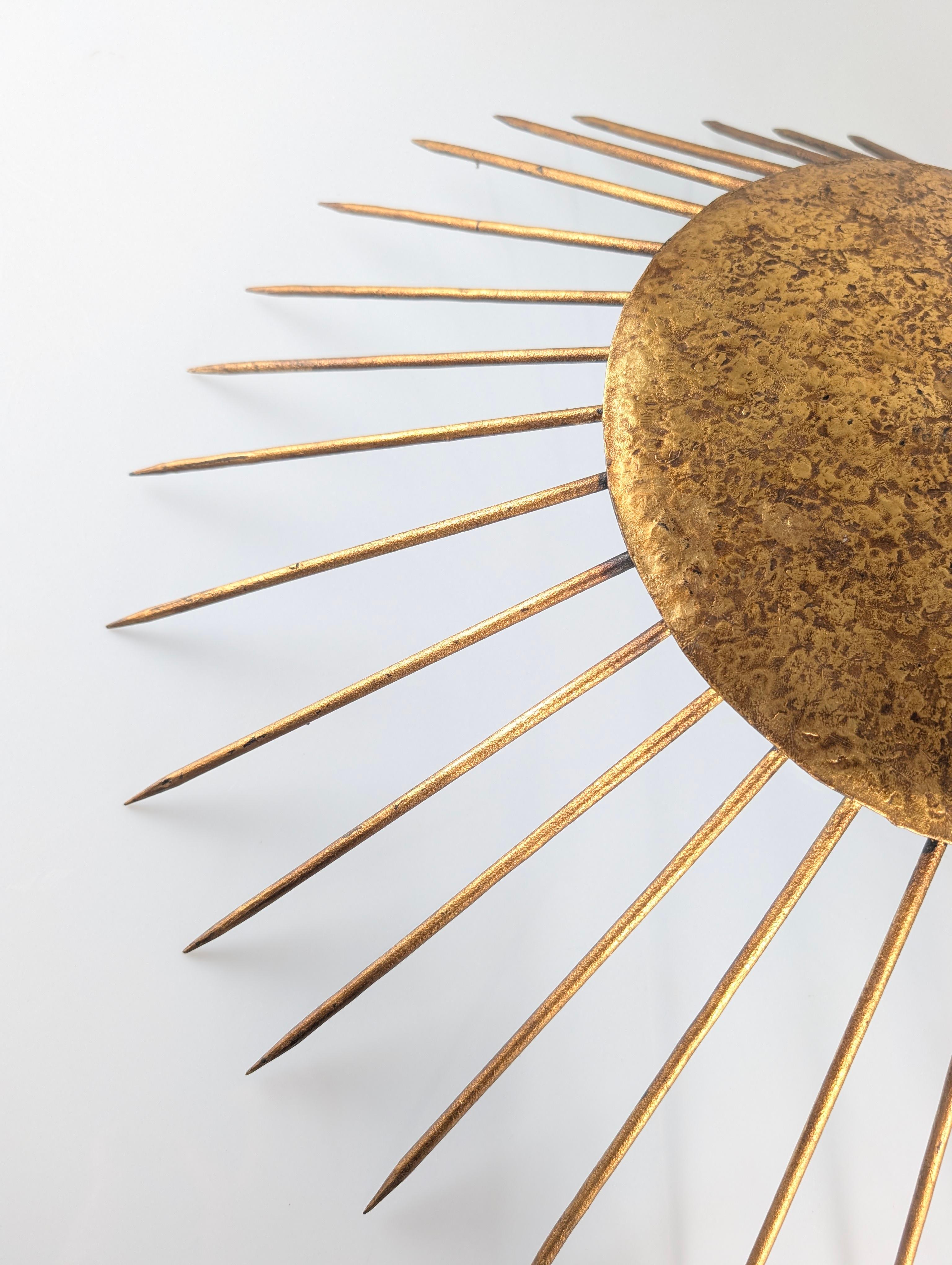Mid-Century Modern Sunburst Pendant Lamp Hammered Gilt, Neoclassical Style, 1970s For Sale