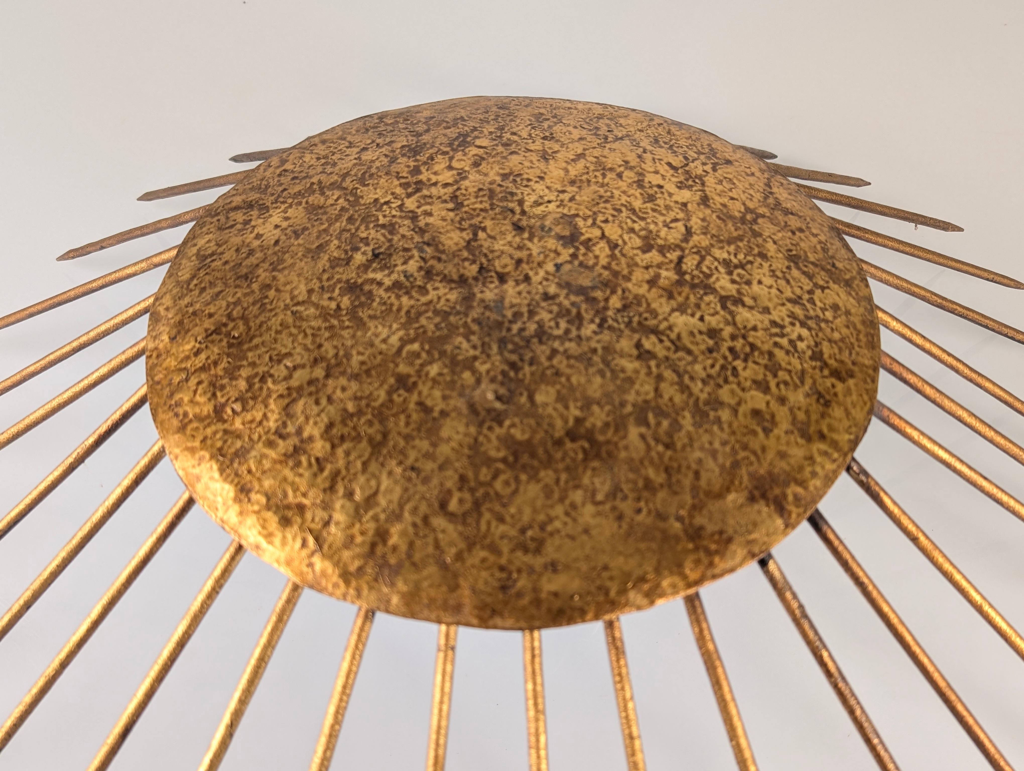 Metal Sunburst Pendant Lamp Hammered Gilt, Neoclassical Style, 1970s For Sale