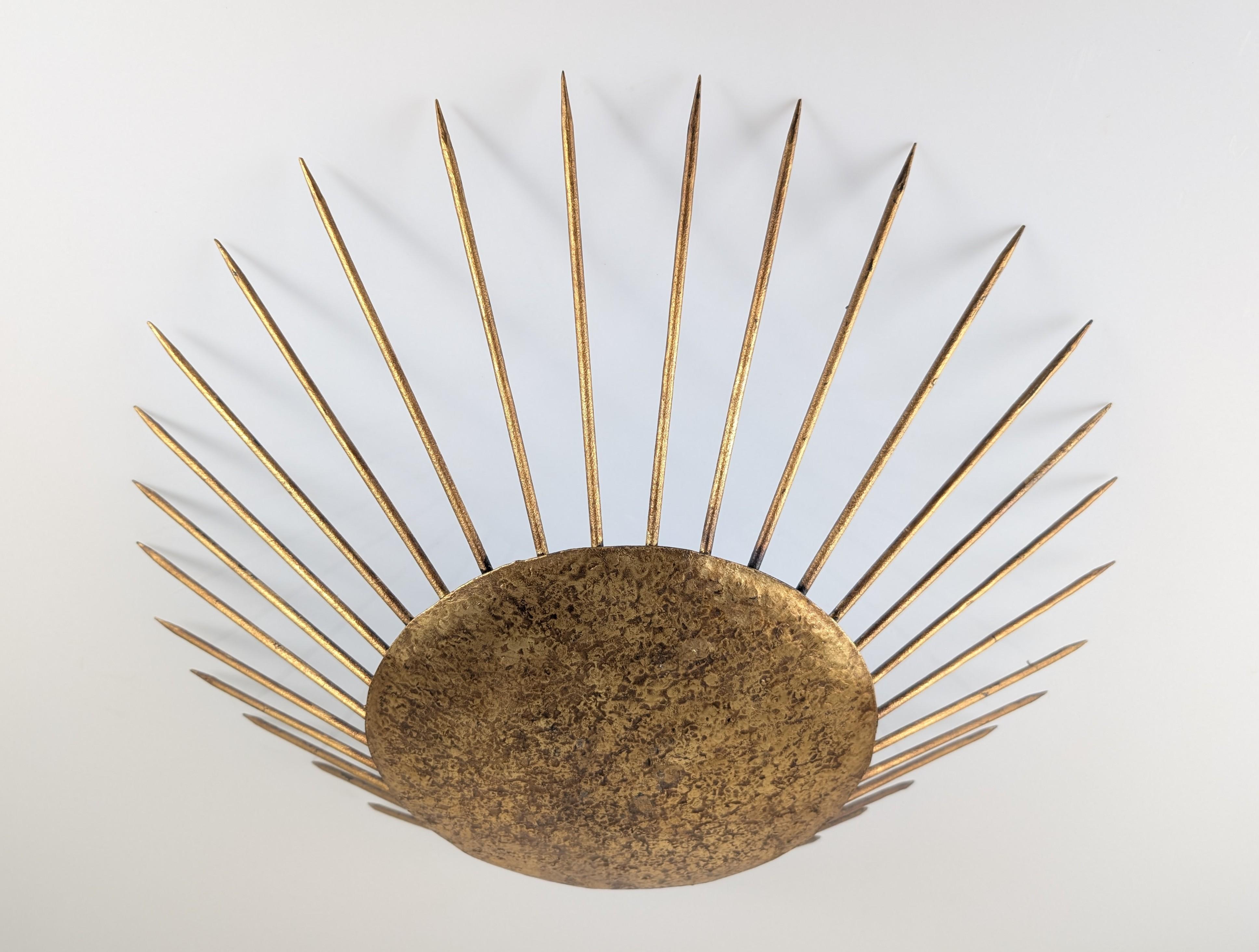 Sunburst Pendant Lamp Hammered Gilt, Neoclassical Style, 1970s For Sale 1