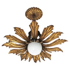 Sunburst Pendant Light or Flush Mount in Gilt Metal, 1940s
