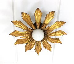 Sunburst Pendant Light or Flush Mount Light Fixture in Gilt Metal, 1940s