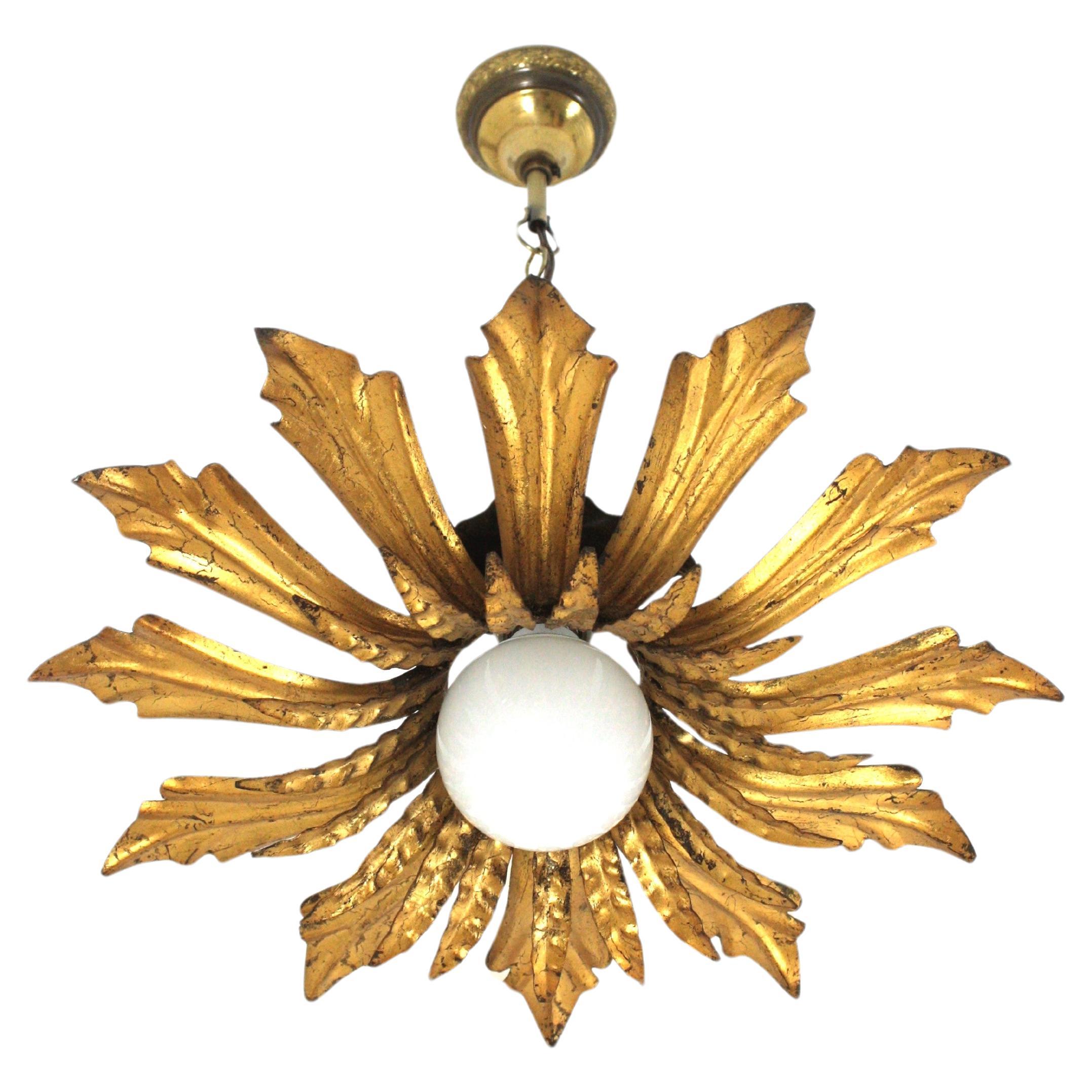 Sunburst Pendant Light or Flush Mount Light Fixture in Gilt Metal, 1940s