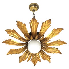 Sunburst Pendant Light or Flush Mount Light Fixture in Gilt Metal, 1940s