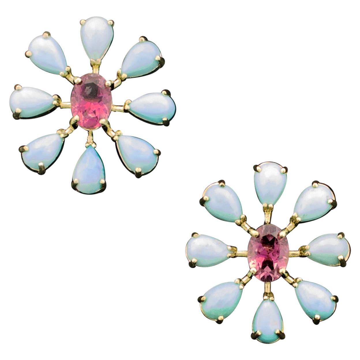 Sunburst Pink Tourmaline and Persian Turquoise Earrings in 18 Karat Yellow Gold For Sale