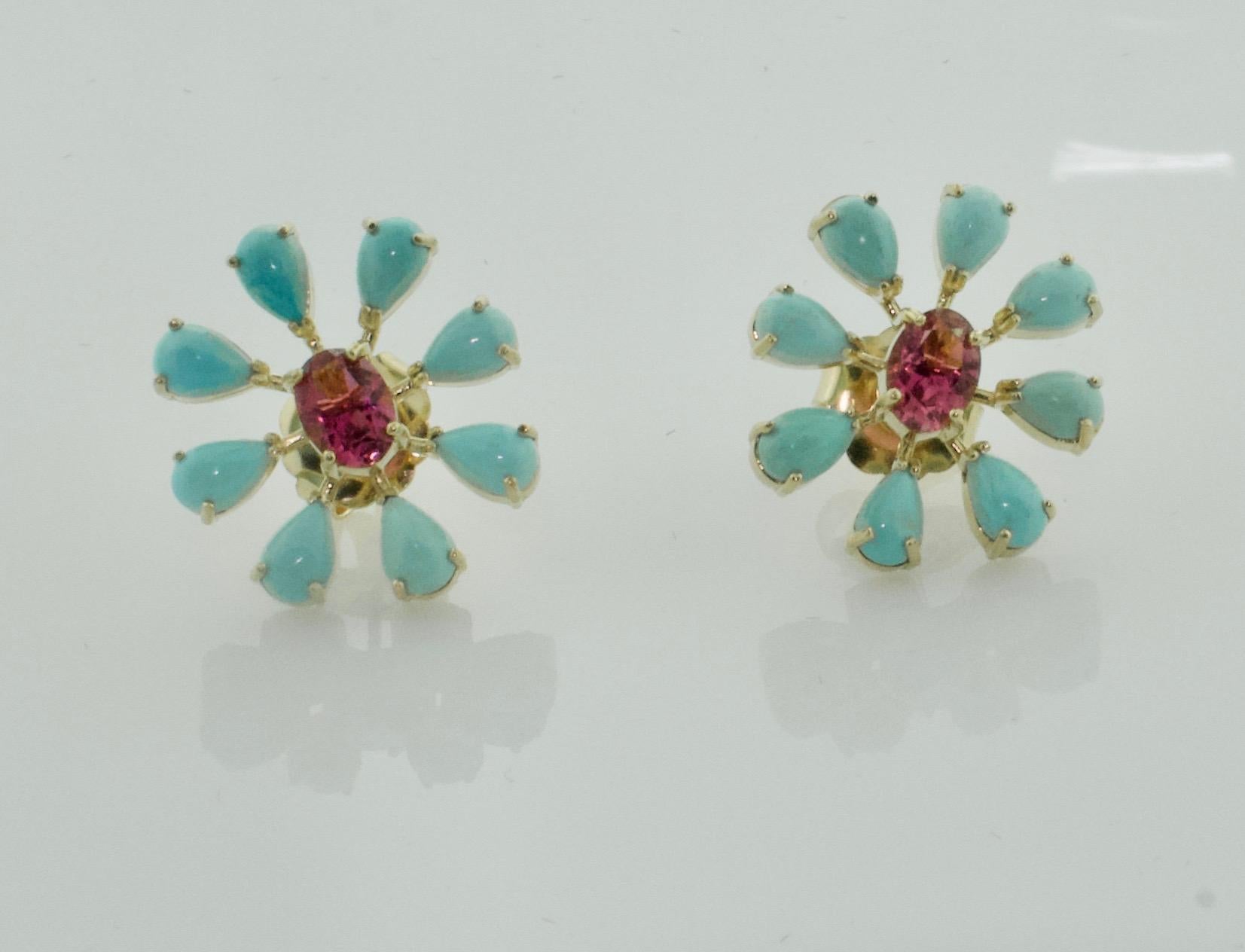 Oval Cut Sunburst Pink Tourmaline and Persian Turquoise Earrings in 18 Karat Yellow Gold For Sale