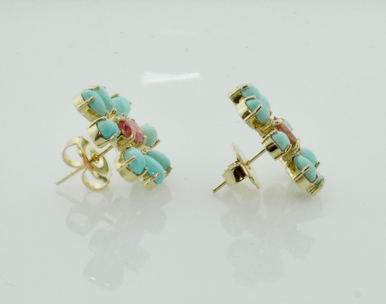 Sunburst Pink Tourmaline and Persian Turquoise Earrings in 18 Karat Yellow Gold In New Condition For Sale In Wailea, HI