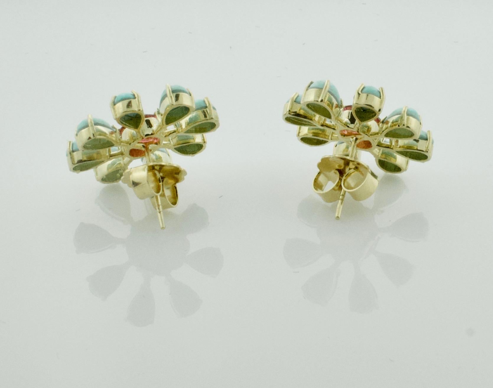 Women's or Men's Sunburst Pink Tourmaline and Persian Turquoise Earrings in 18 Karat Yellow Gold For Sale