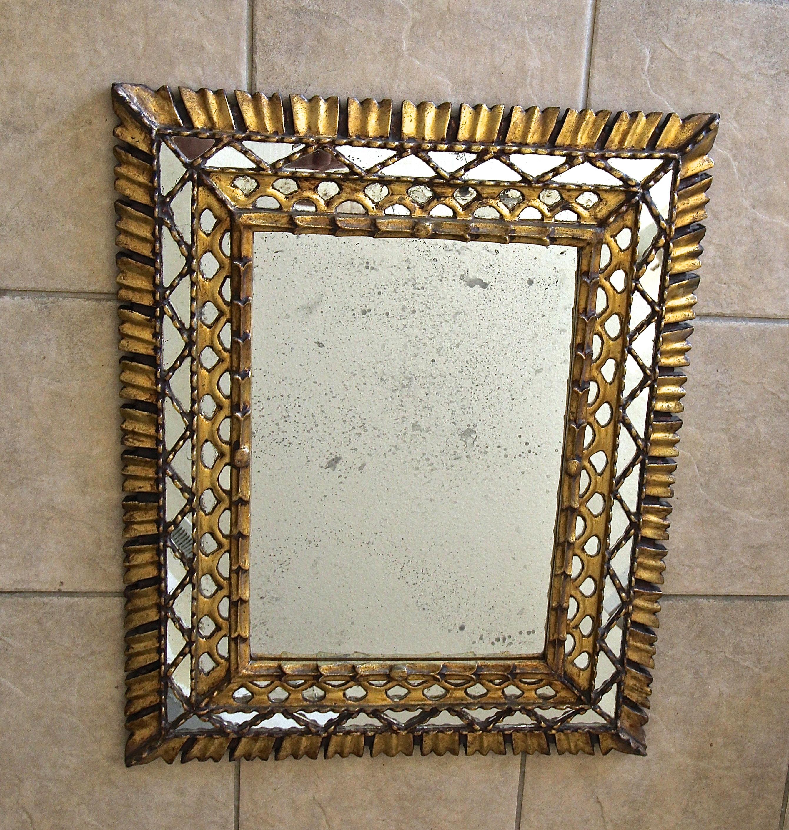 Sunburst Rectangle Giltwood Spanish Colonial Wall Mirror In Good Condition In Palm Springs, CA