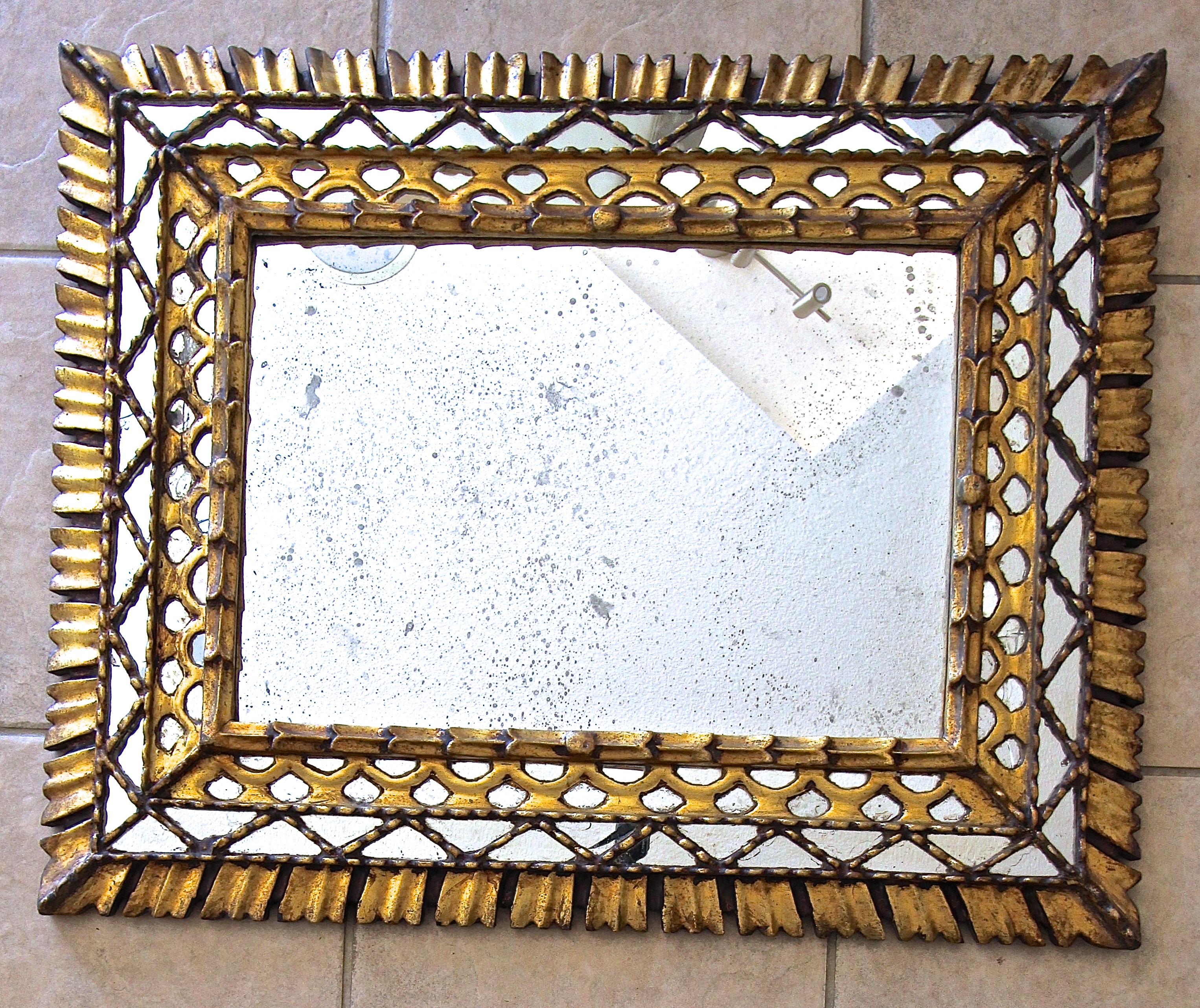 Early 20th Century Sunburst Rectangle Giltwood Spanish Colonial Wall Mirror
