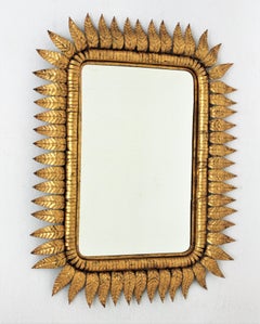 Sunburst Rectangular Mirror in Gilt Iron, Hollywood Regency