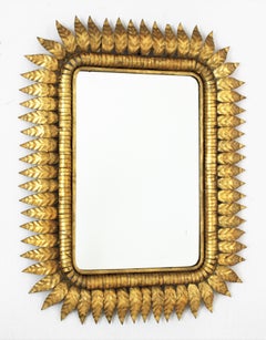 Sunburst Rectangular Mirror in Gilt Iron, Hollywood Regency