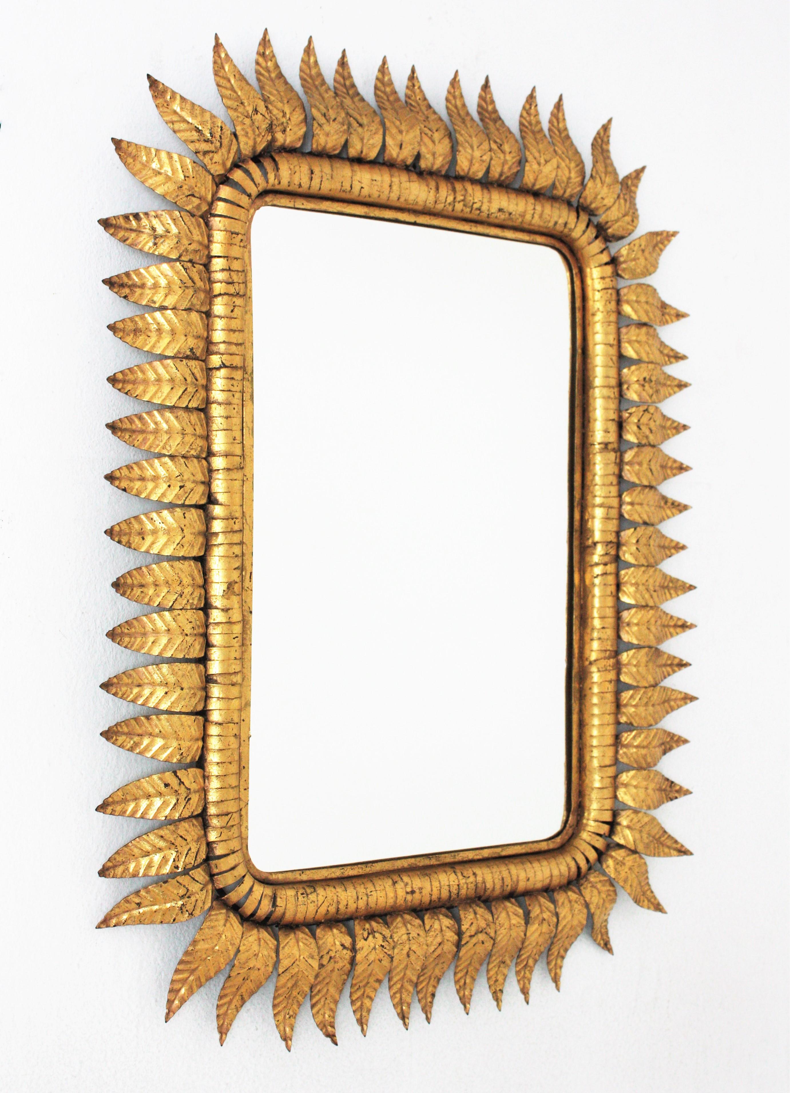 Mid-Century Modern Sunburst Rectangular Mirror in Gilt Iron, Hollywood Regency