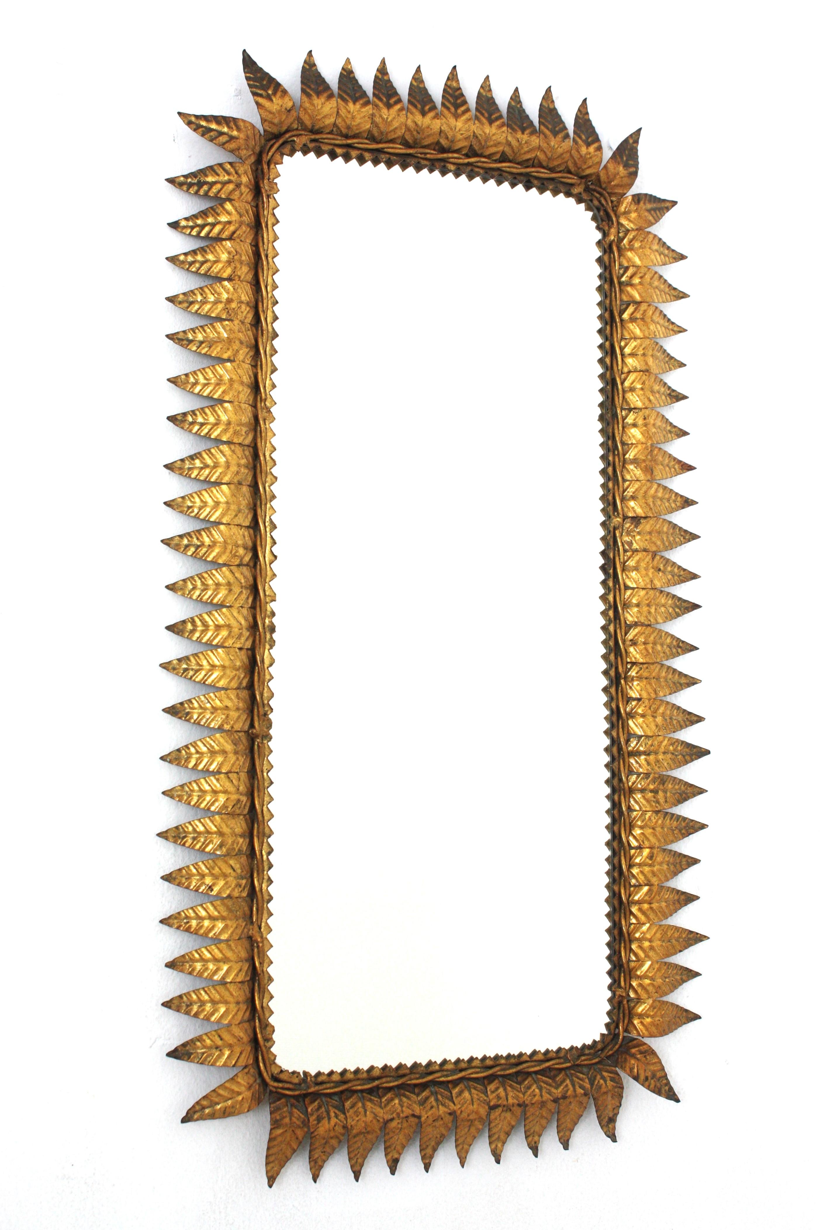 Mid-Century Modern Sunburst Rectangular Mirror in Gilt Iron, Hollywood Regency For Sale