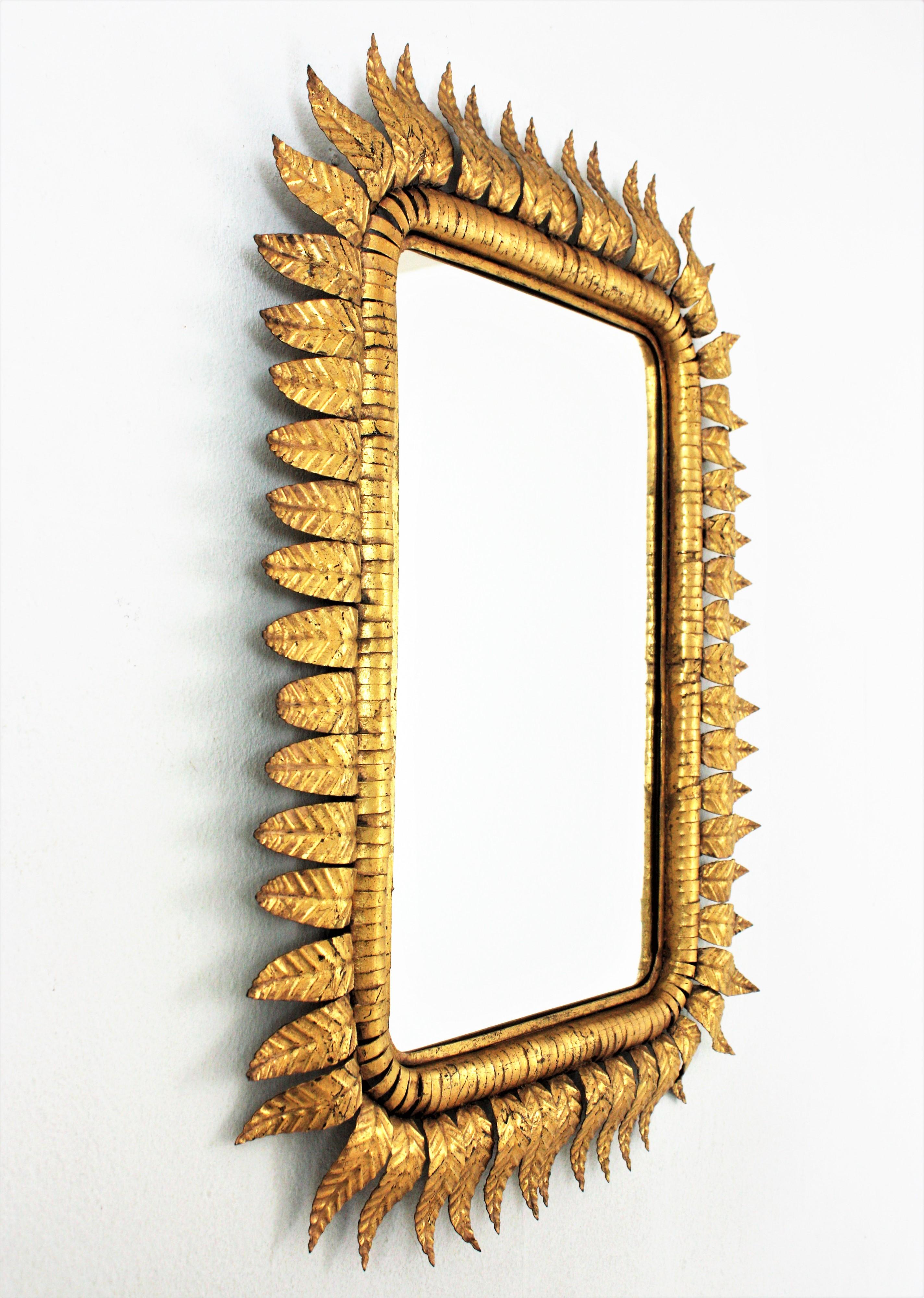 Spanish Sunburst Rectangular Mirror in Gilt Iron, Hollywood Regency