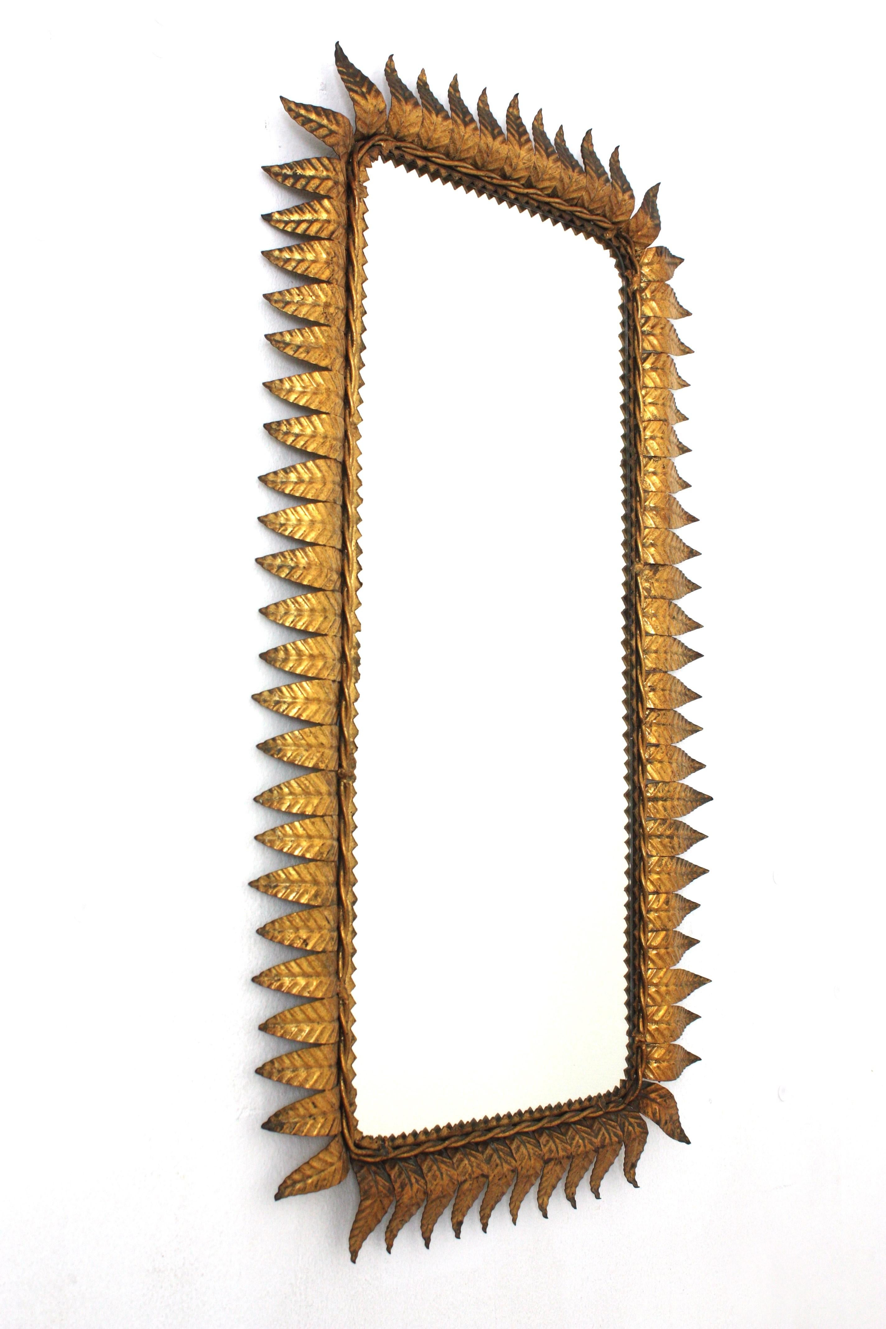 French Sunburst Rectangular Mirror in Gilt Iron, Hollywood Regency For Sale
