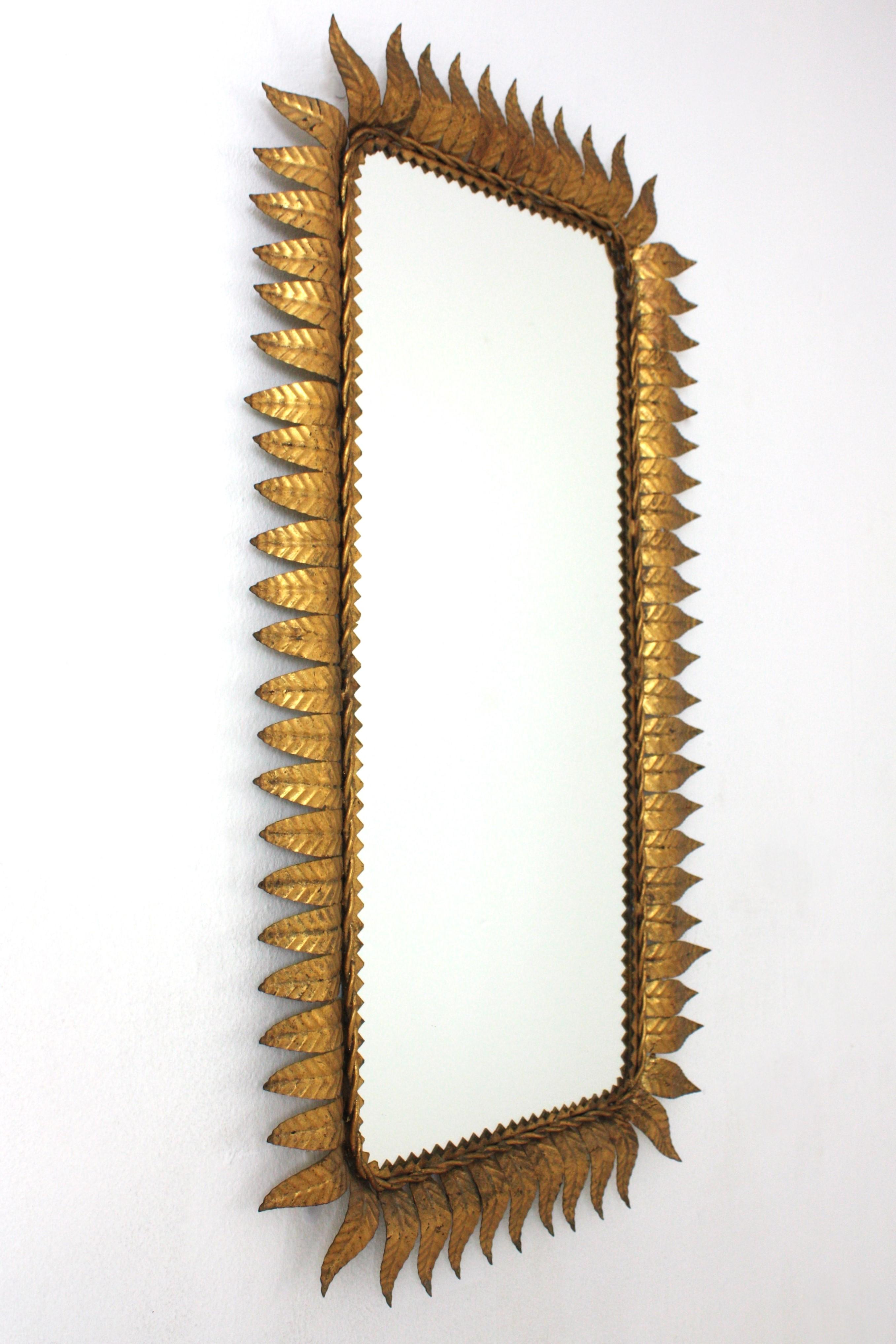 Hand-Crafted Sunburst Rectangular Mirror in Gilt Iron, Hollywood Regency