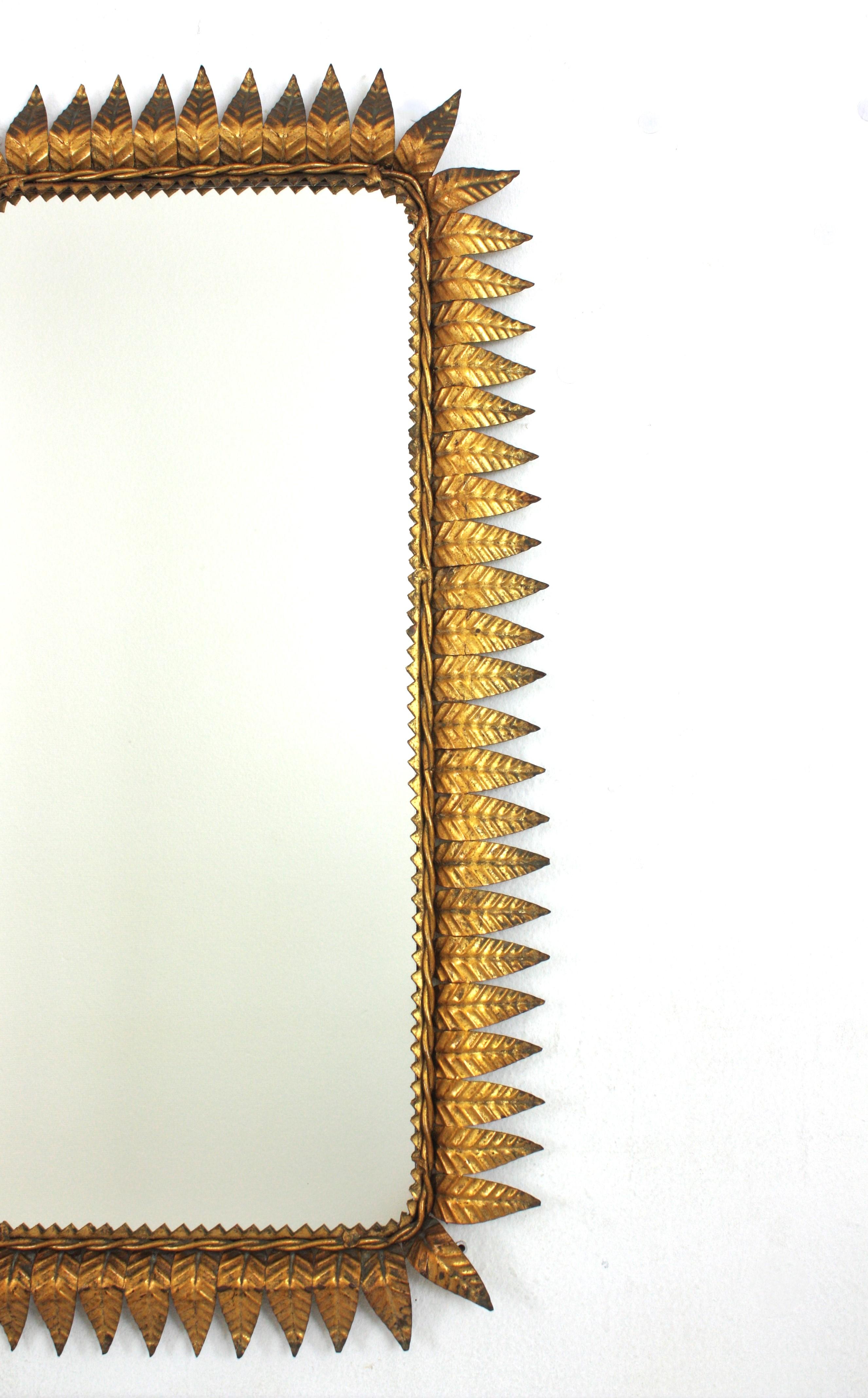 20th Century Sunburst Rectangular Mirror in Gilt Iron, Hollywood Regency For Sale