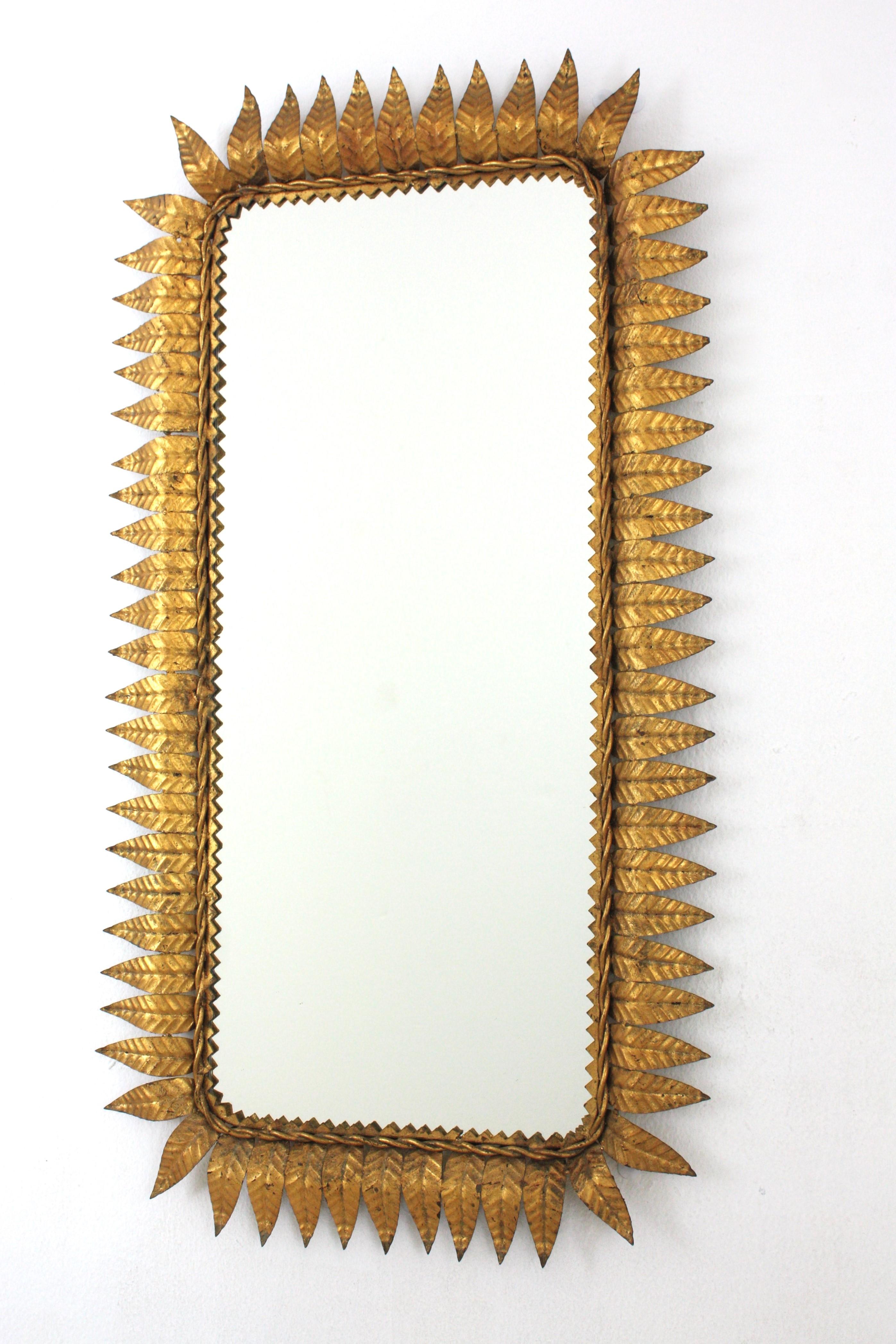 Wrought Iron Sunburst Rectangular Mirror in Gilt Iron, Hollywood Regency