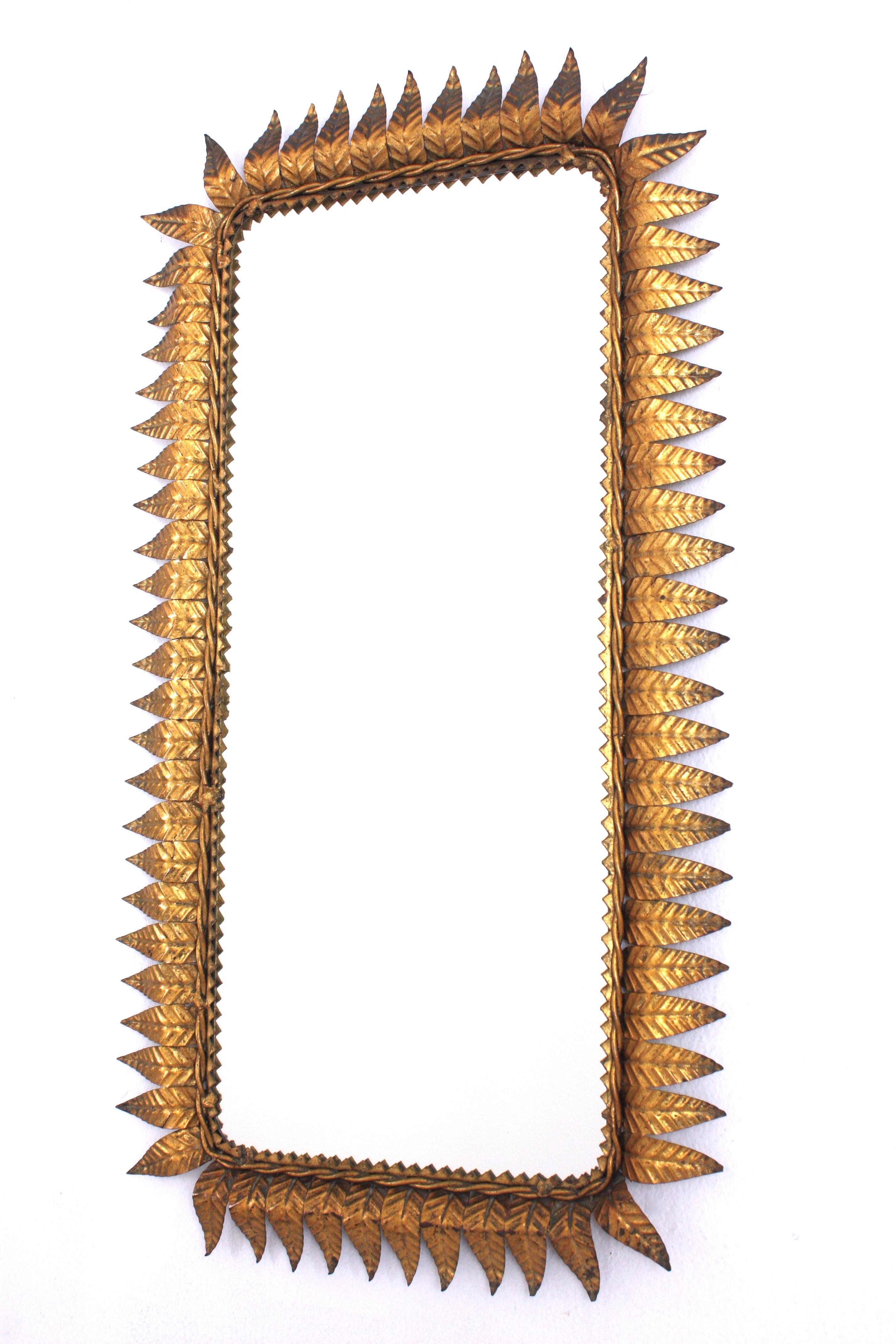 Sunburst Rectangular Mirror in Gilt Iron, Hollywood Regency For Sale 1