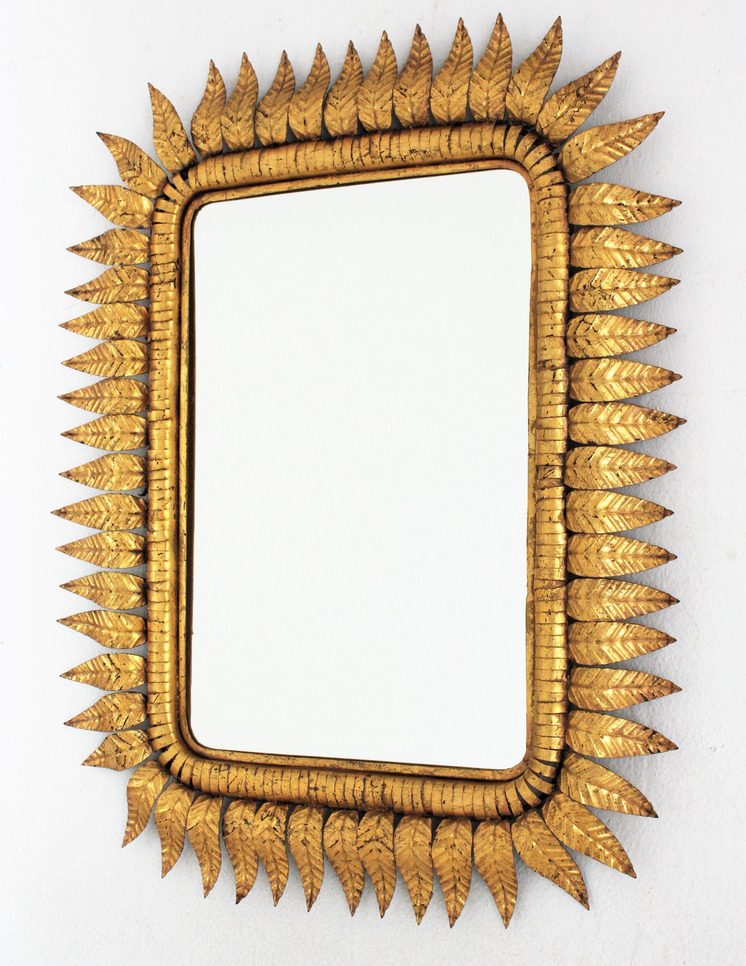 Sunburst Rectangular Mirror in Gilt Iron, Hollywood Regency 2