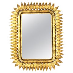 Sunburst Rectangular Mirror in Gilt Iron, Hollywood Regency