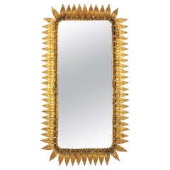 Sunburst Rectangular Mirror in Gilt Iron, Hollywood Regency