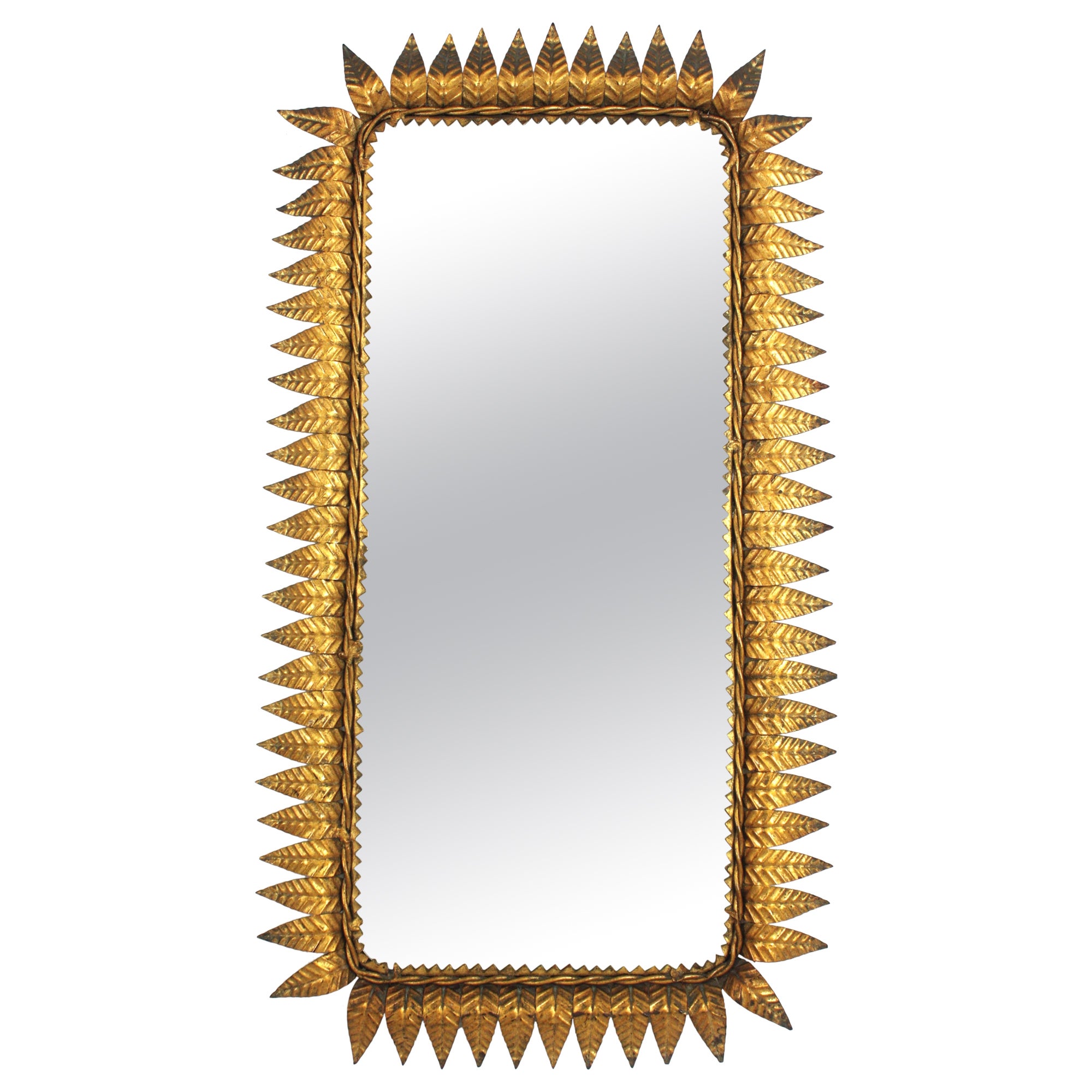 Sunburst Rectangular Mirror in Gilt Iron, Hollywood Regency