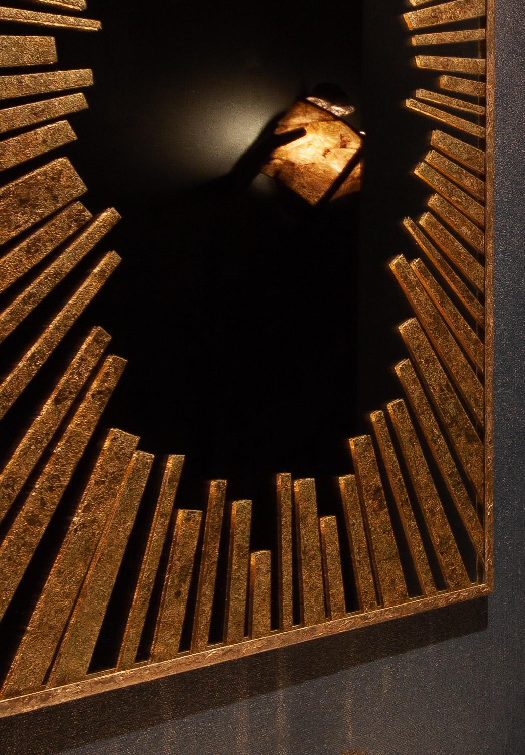 Modern Sunburst Rectangular Mirror with Radiation Pattern in Gold Leaf. Available now. For Sale