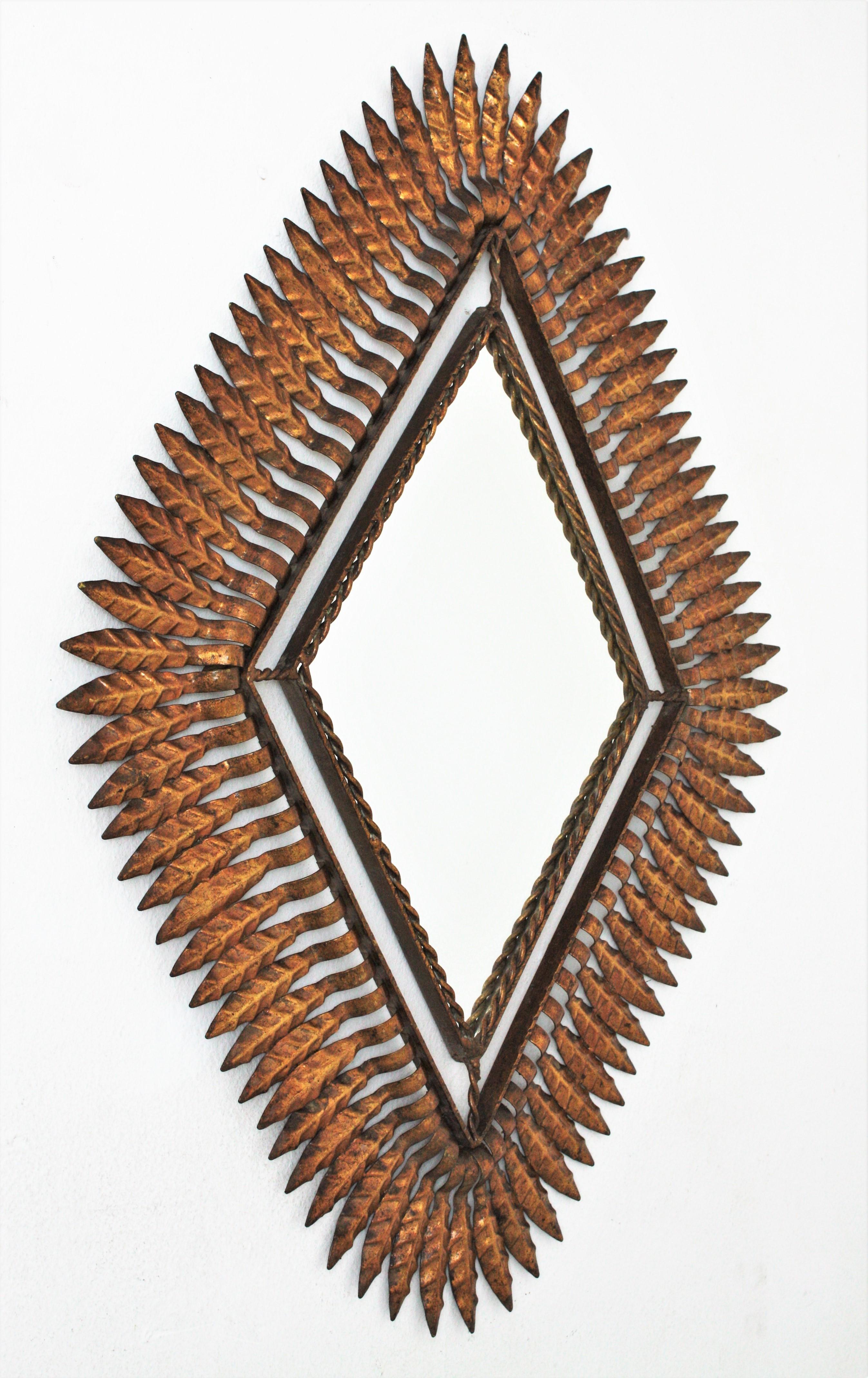 Hammered Sunburst Mirror / Rhombus Mirror in Gilt Metal For Sale