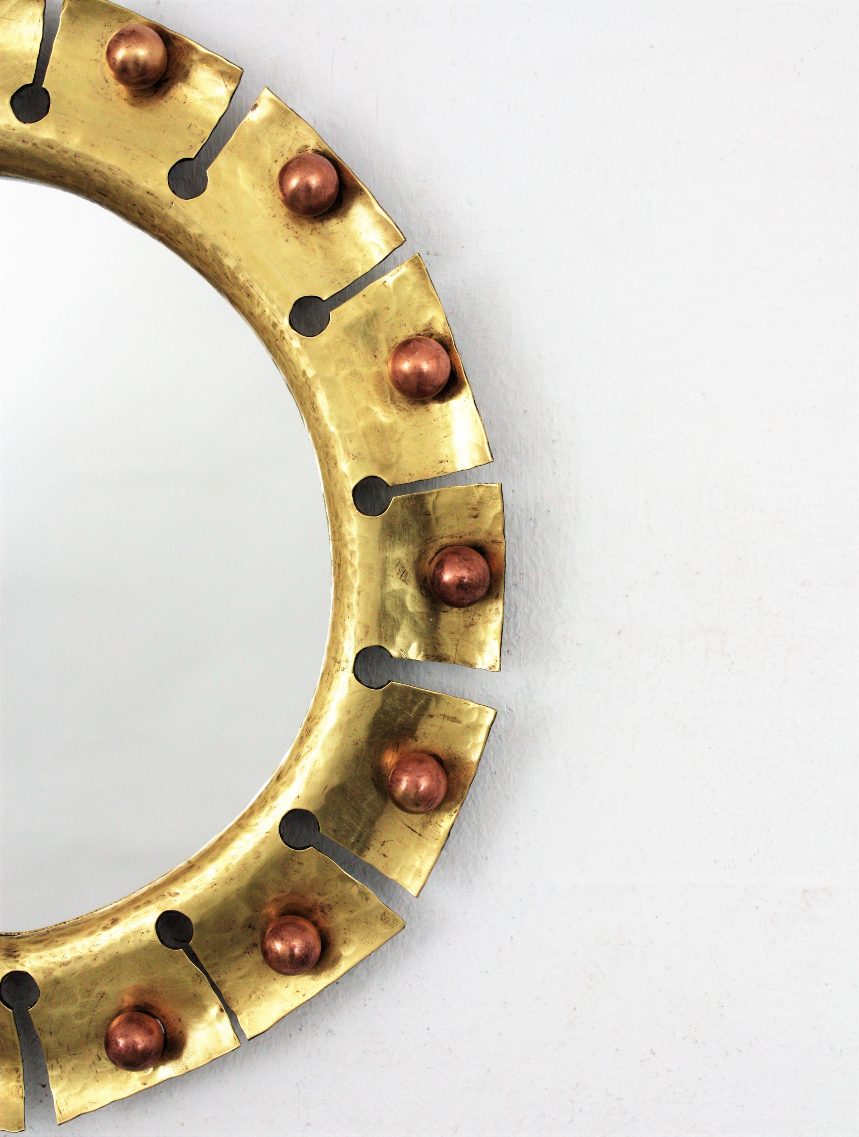 Sunburst Round Mirror in Brass with Copper Balls Accents For Sale 3
