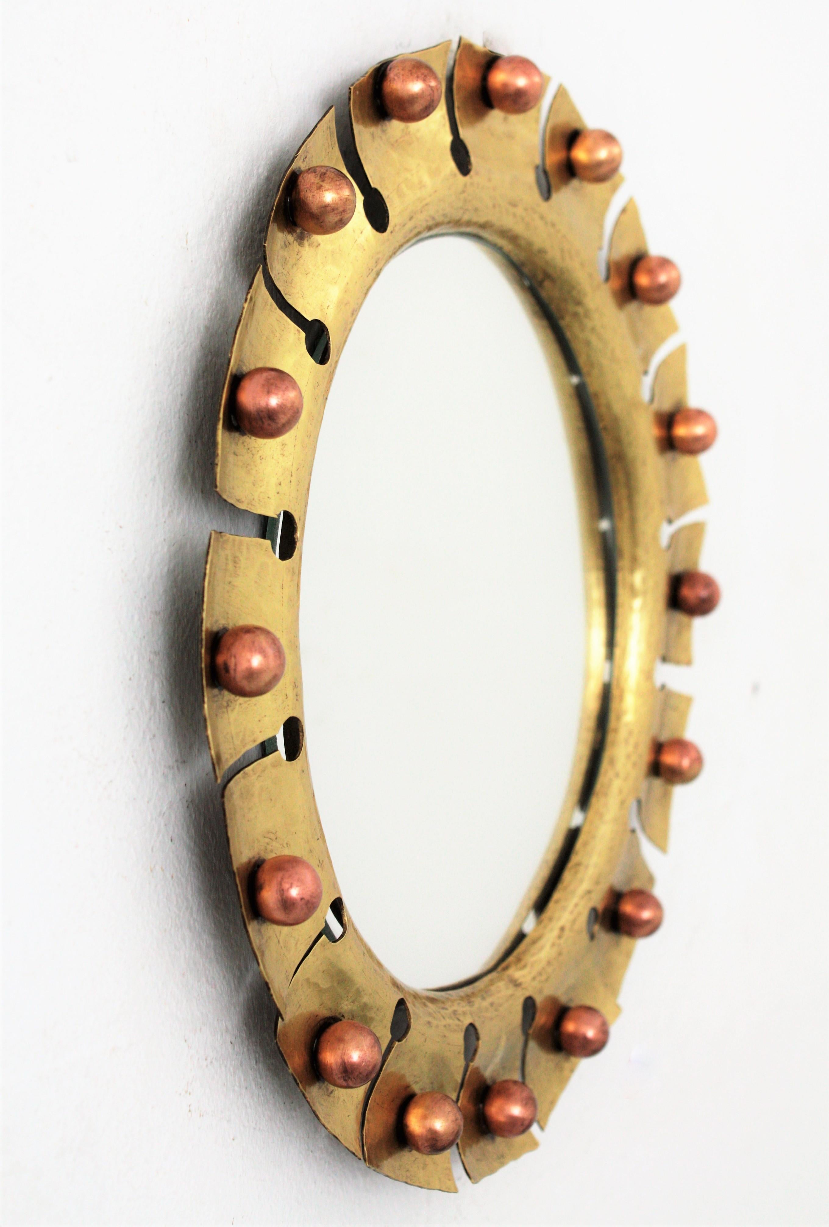 Sunburst Round Mirror in Brass with Copper Balls Accents For Sale 1