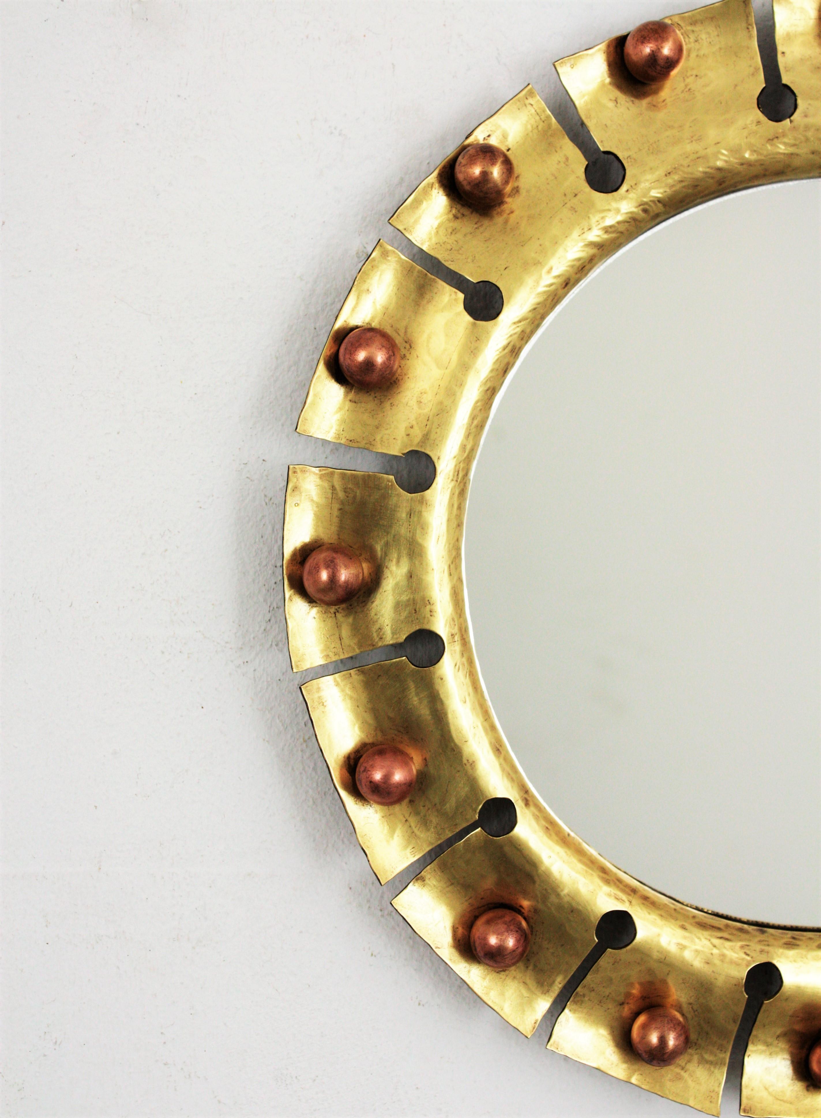 Sunburst Round Mirror in Brass with Copper Balls Accents For Sale 2