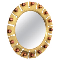 Sunburst Round Mirror in Brass with Copper Balls Accents