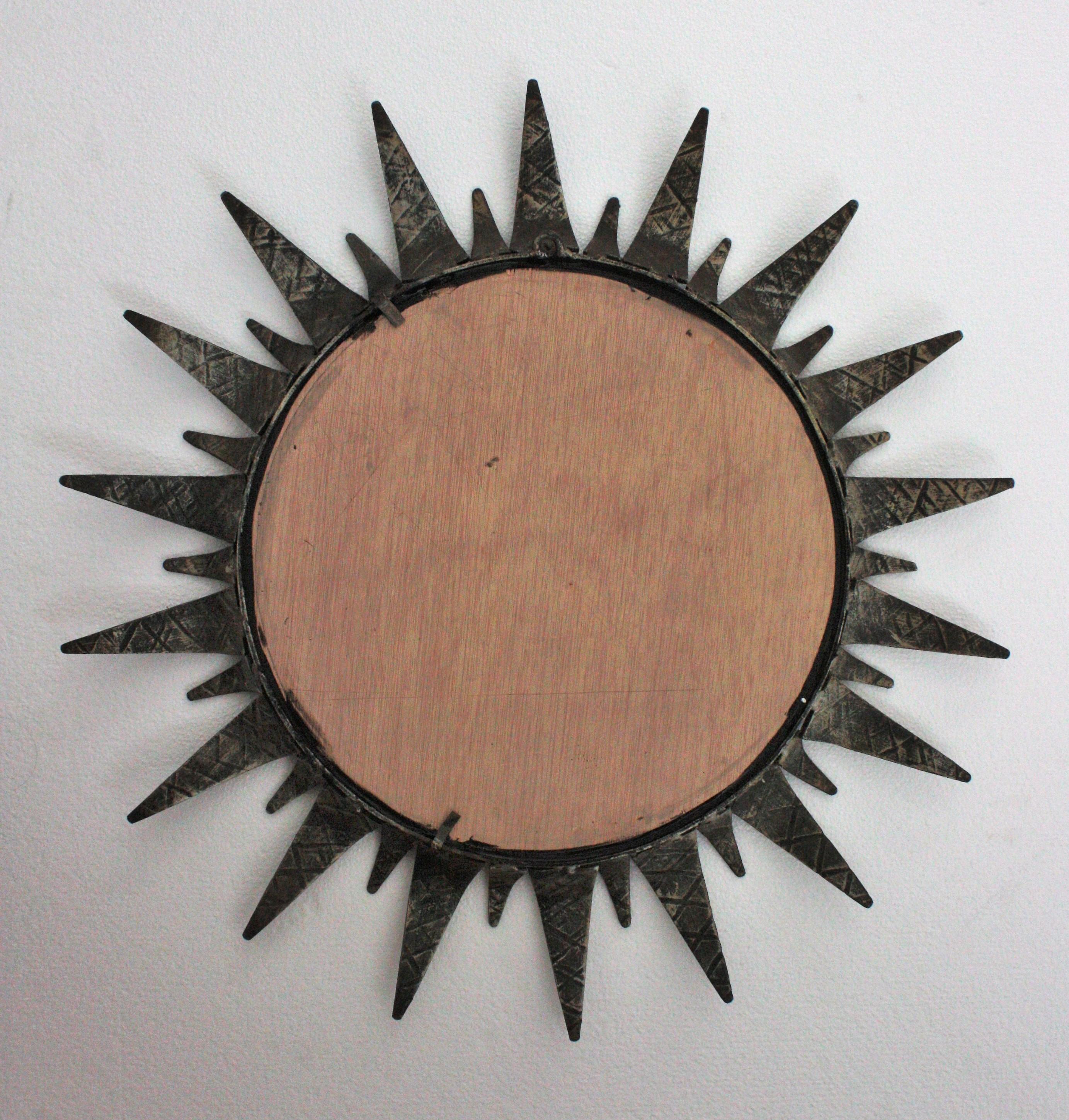 Spanish Sunburst Mirror in Silvered Wrought Iron, 1950s For Sale 4