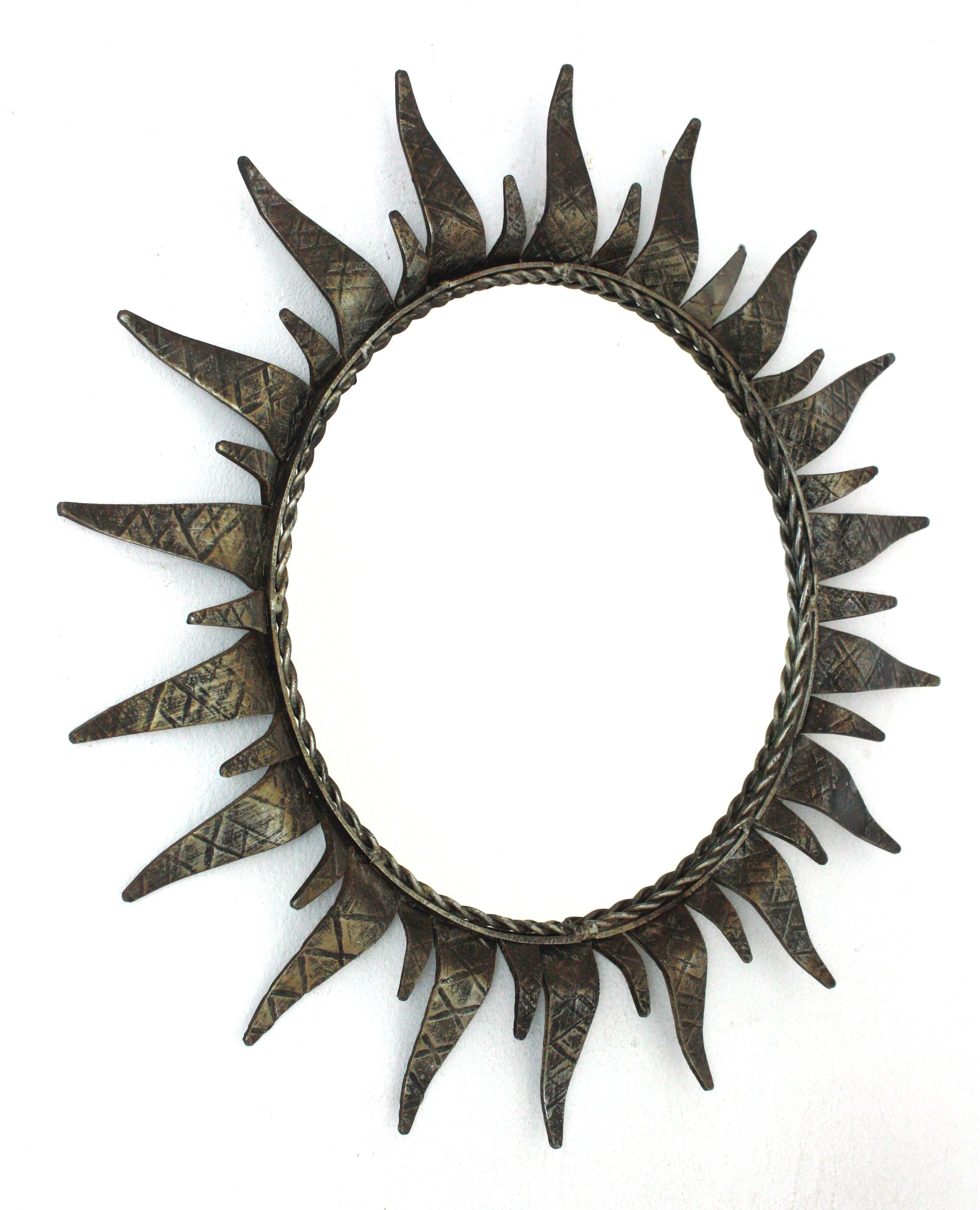 Mid-Century Modern Spanish Sunburst Mirror in Silvered Wrought Iron, 1950s For Sale