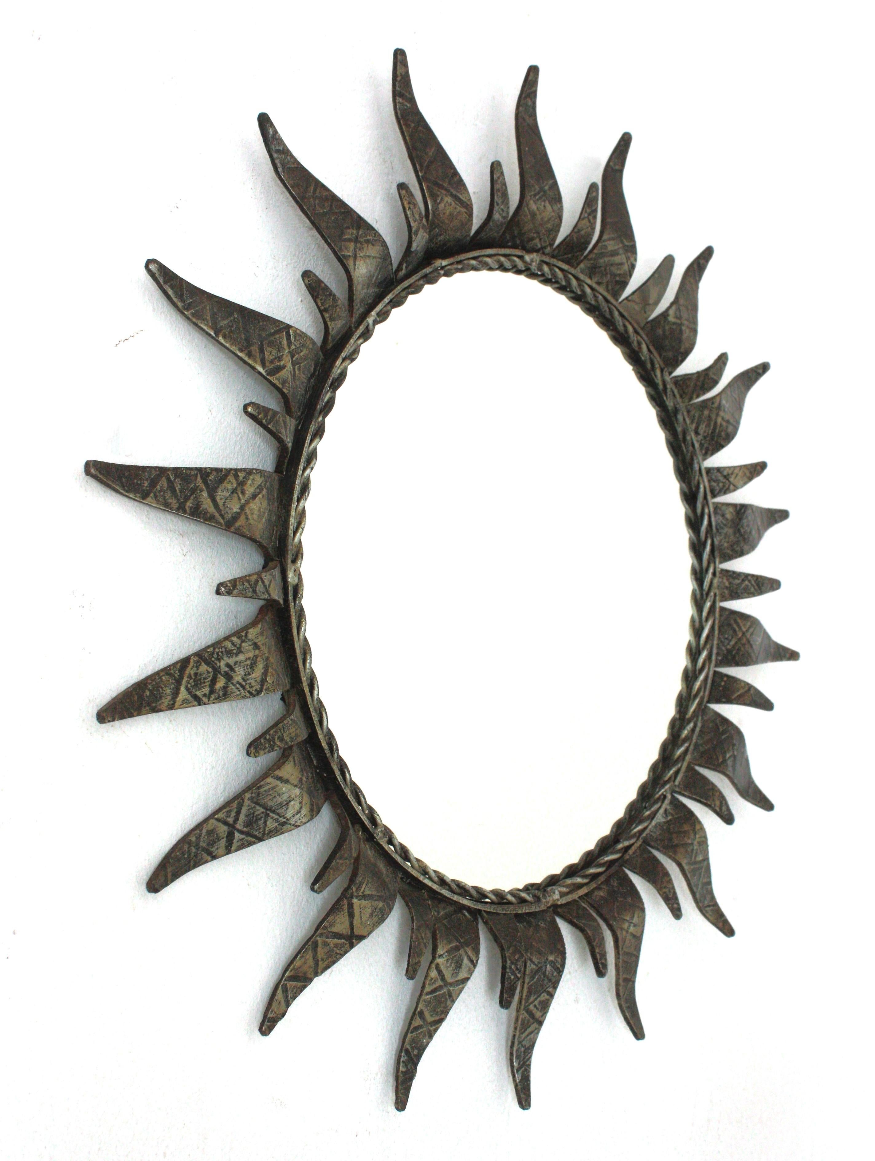 Gilt Spanish Sunburst Mirror in Silvered Wrought Iron, 1950s For Sale