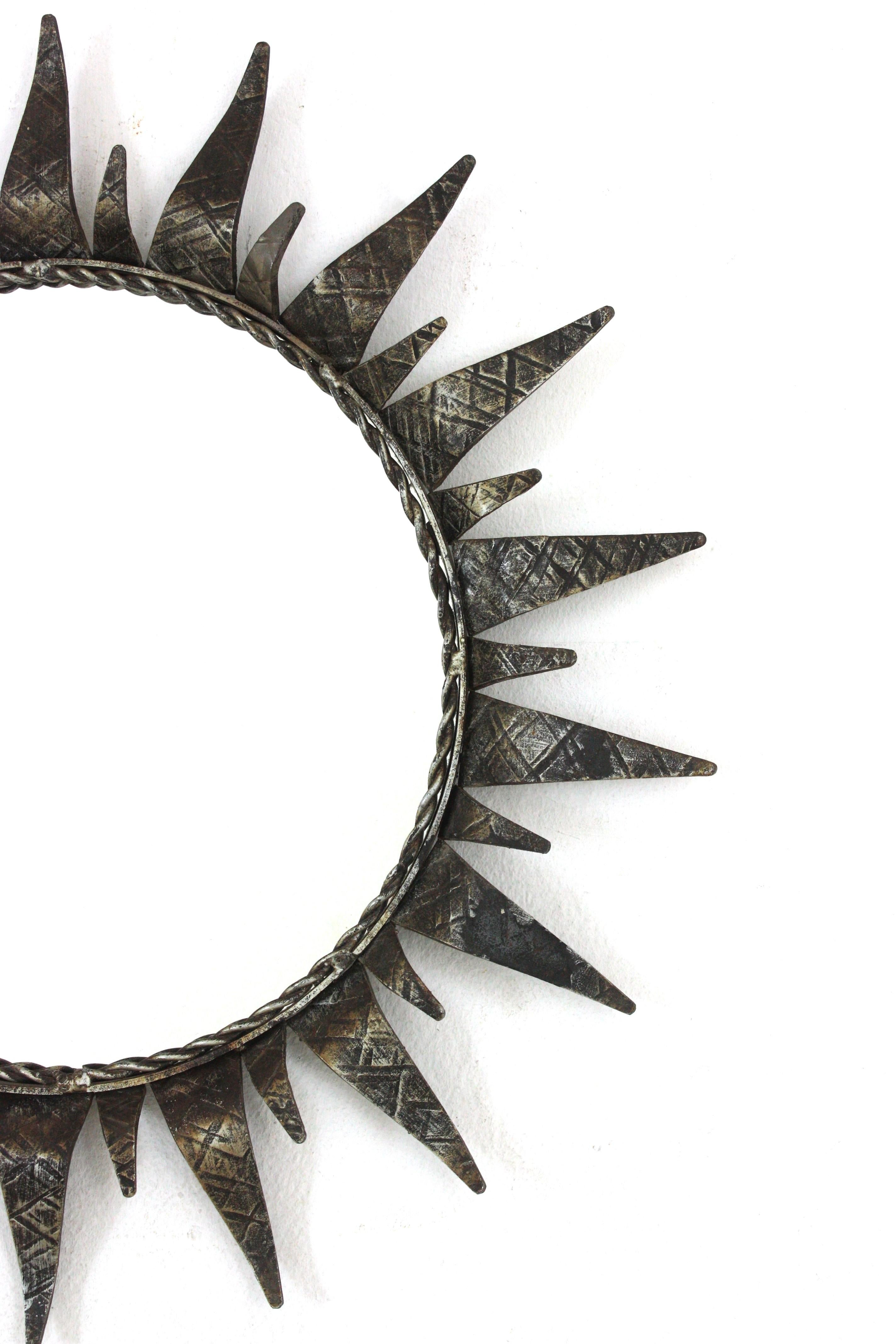 Metal Spanish Sunburst Mirror in Silvered Wrought Iron, 1950s For Sale