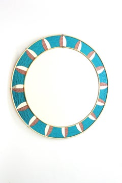 Sunburst Round Mirror with Blue Pink Mosaic Glass Frame, Spain 1960