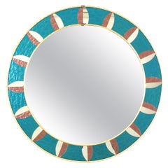 Sunburst Round Mirror with Blue Pink Mosaic Glass Frame, Spain 1960