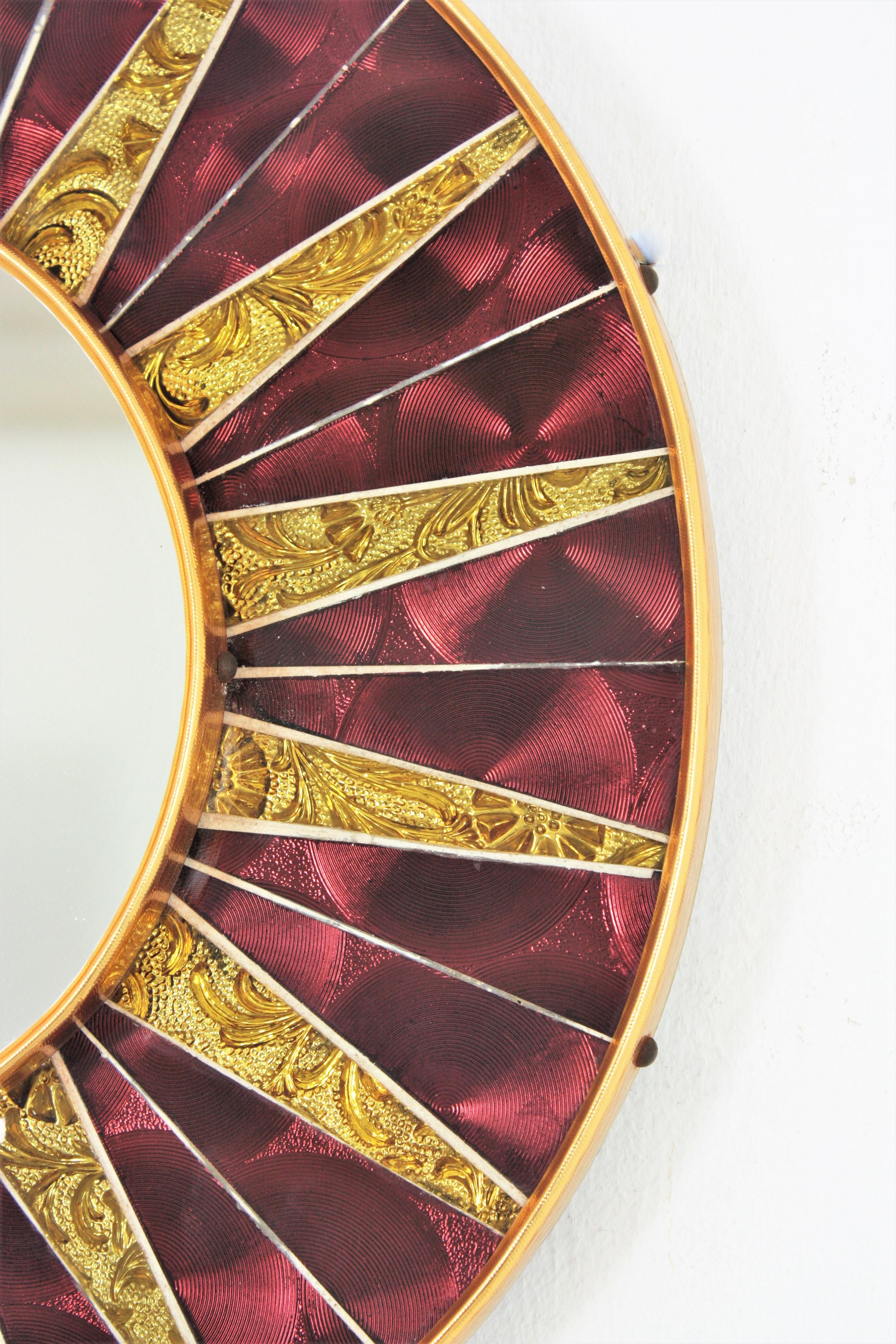 Sunburst Round Mirror with Garnet Golden Glass Mosaic Frame For Sale 1