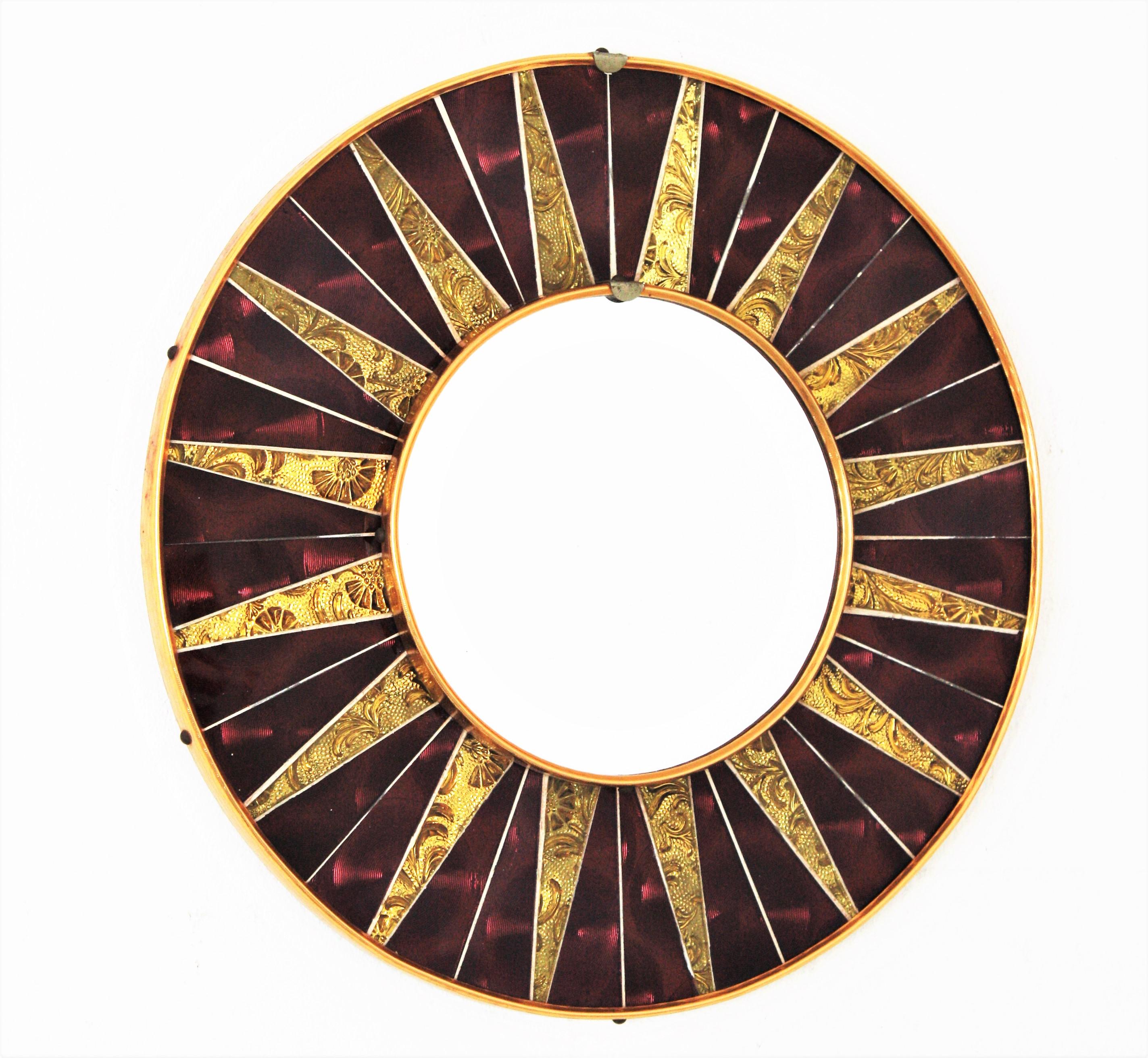 Mid-Century Modern Sunburst Round Mirror with Garnet Golden Glass Mosaic Frame For Sale
