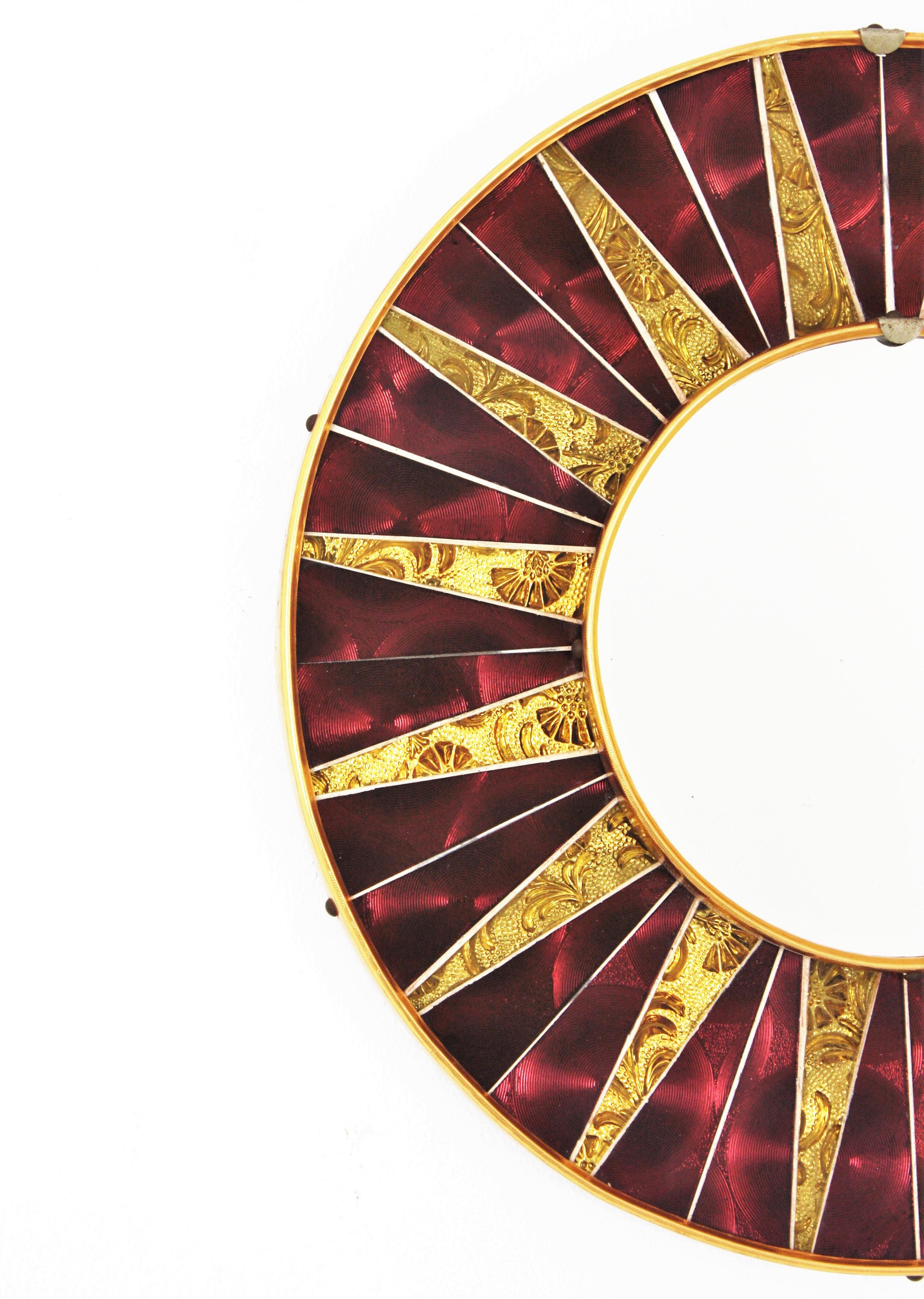 Silvered Sunburst Round Mirror with Garnet Golden Glass Mosaic Frame For Sale