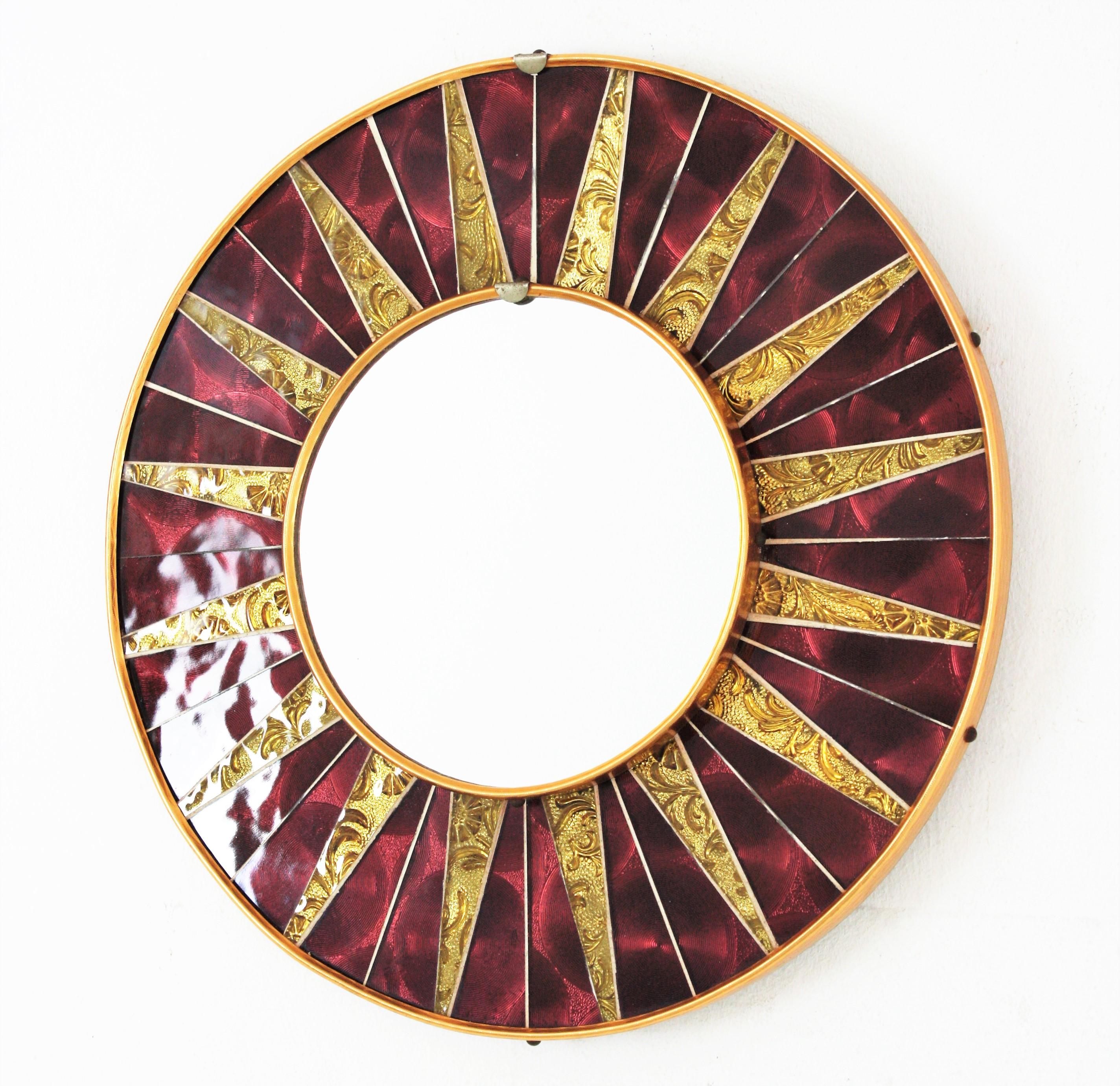 20th Century Sunburst Round Mirror with Garnet Golden Glass Mosaic Frame For Sale